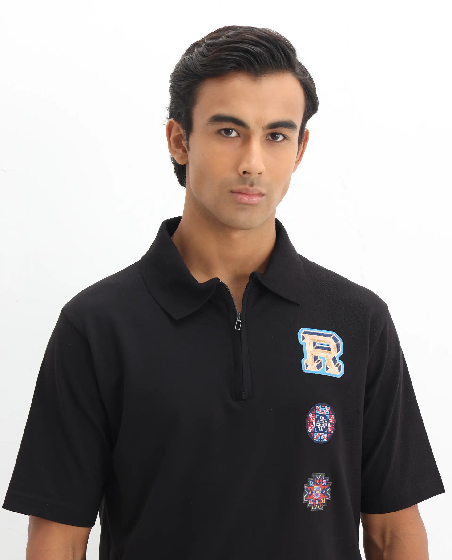 Rare Rabbit Men's Labe Black Cotton Plain Oversized Fit Half Sleeve Polo