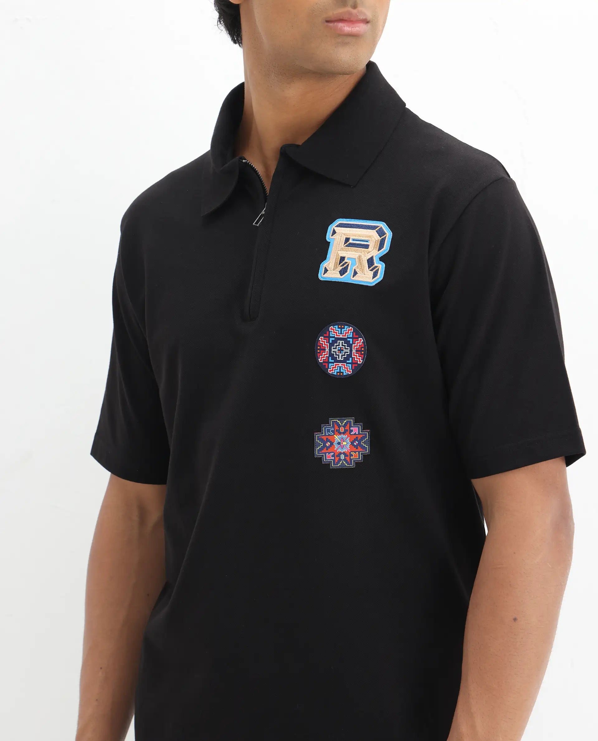 Rare Rabbit Men's Labe Black Cotton Plain Oversized Fit Half Sleeve Polo