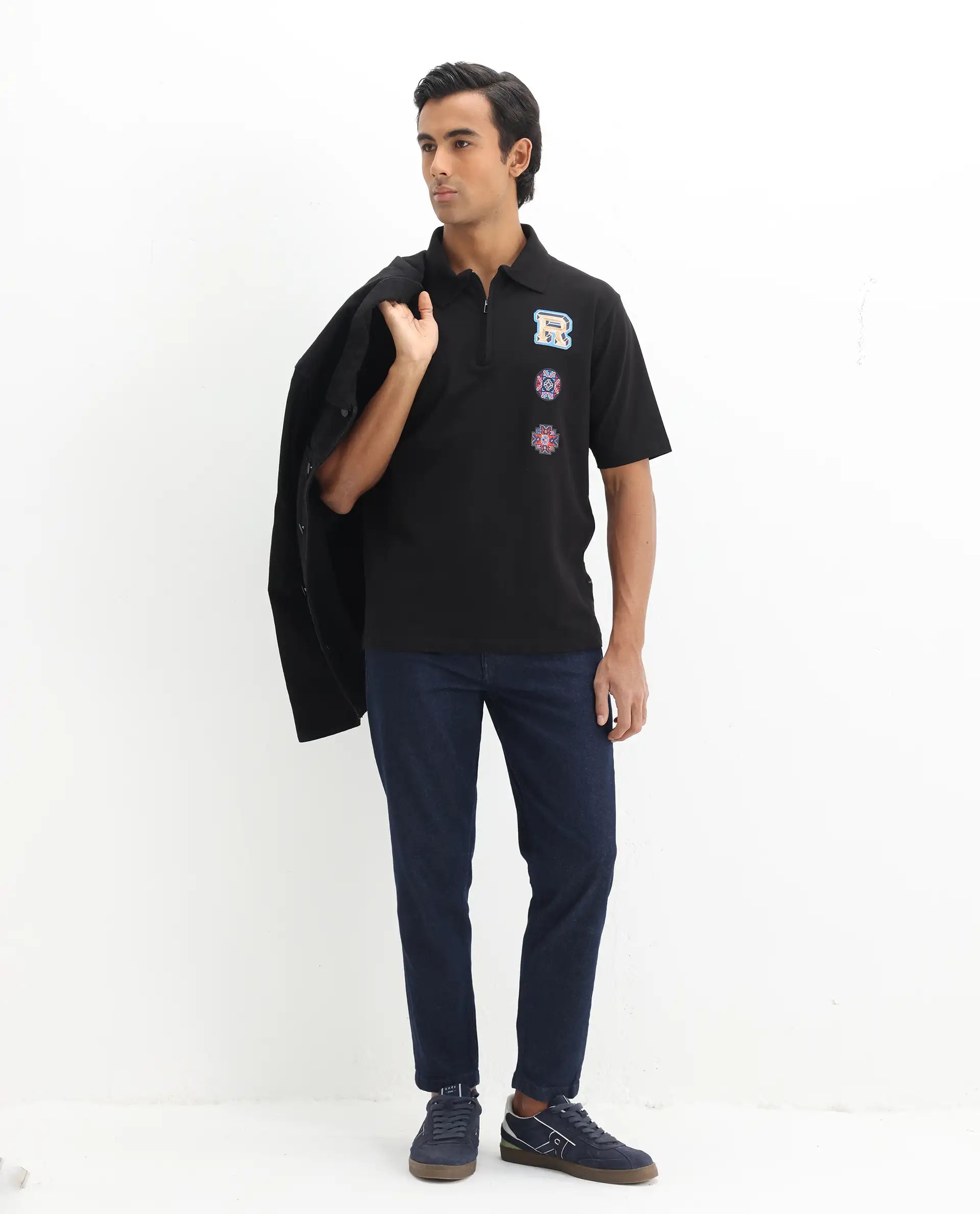 Rare Rabbit Men's Labe Black Cotton Plain Oversized Fit Half Sleeve Polo