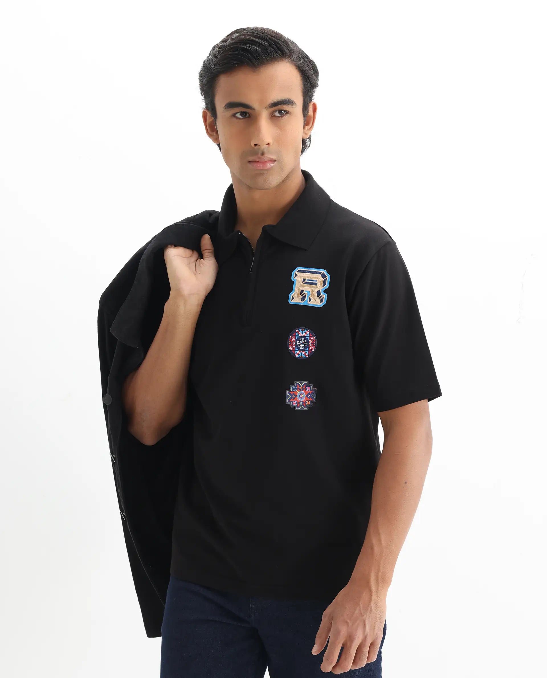 Rare Rabbit Men's Labe Black Cotton Plain Oversized Fit Half Sleeve Polo