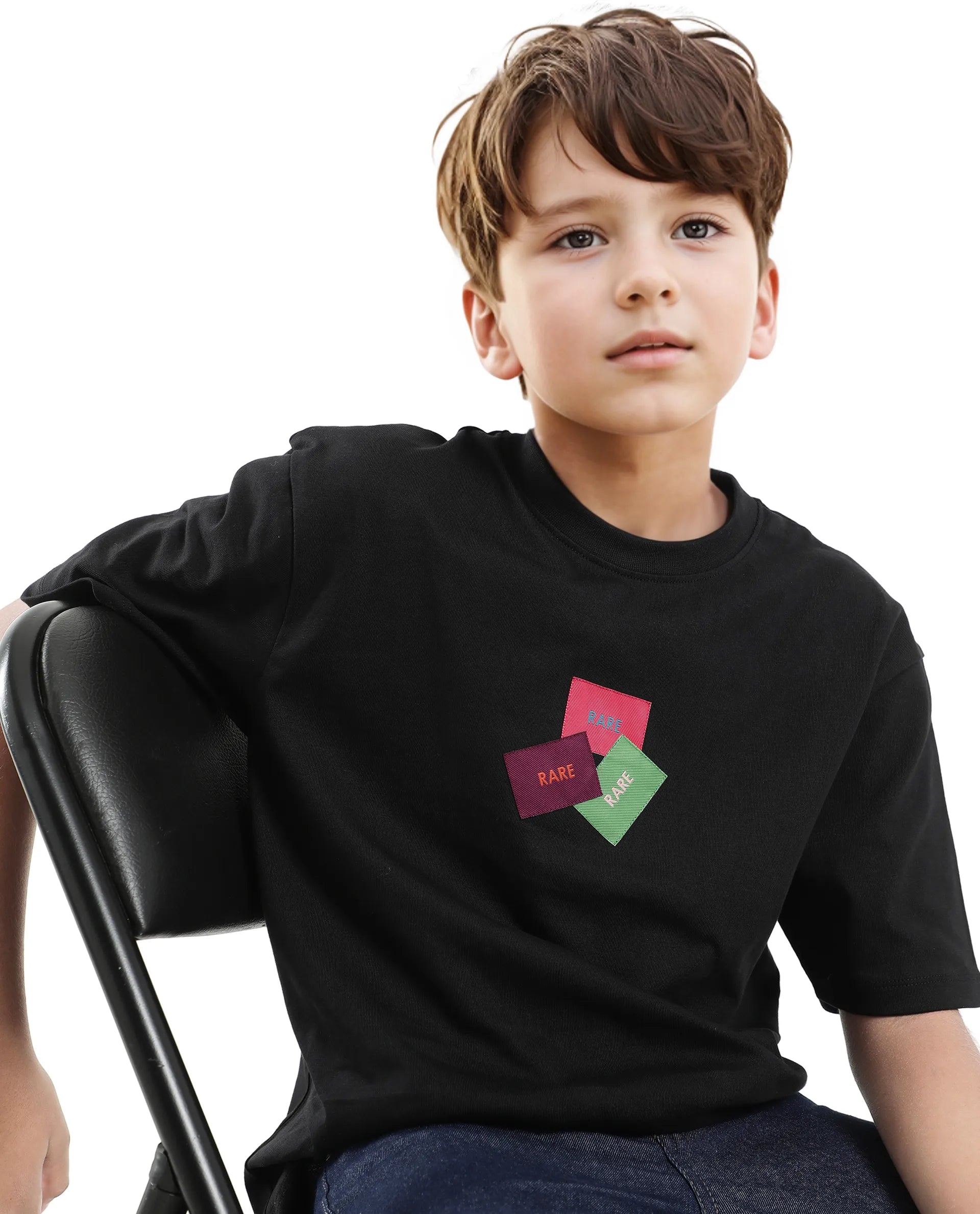 Rare Ones Kids Labez-T Black Cotton Solid Slip-On Oversized Fit T-Shirt