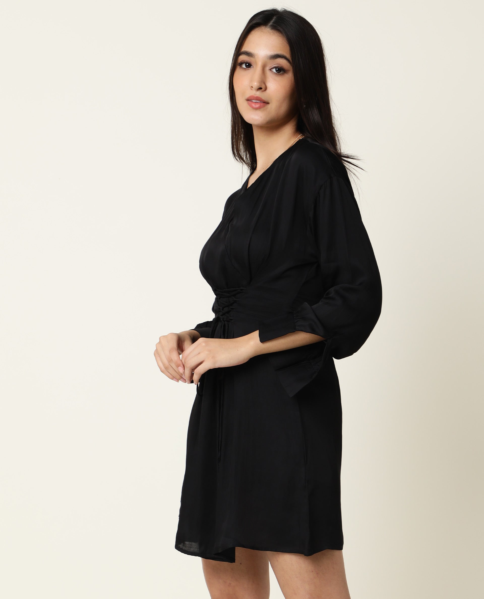 Rareism Women Lactose Black V Neck Full Sleeves Waist Criss Cross Tie Up Mini Dress