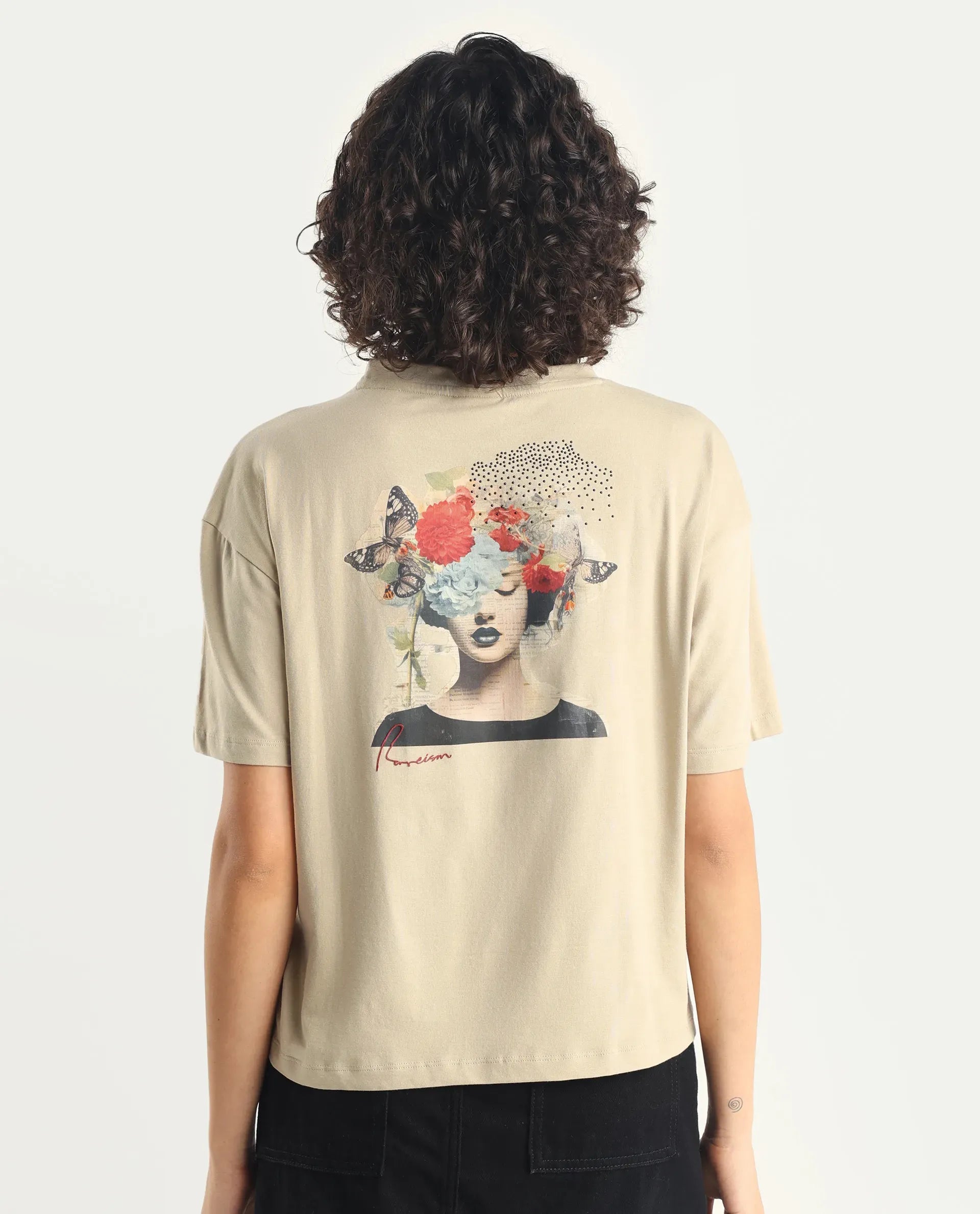 Rareism Women's Ladio Khaki Cotton Blend Crew Neck Graphic Print Relaxed Fit T-Shirt