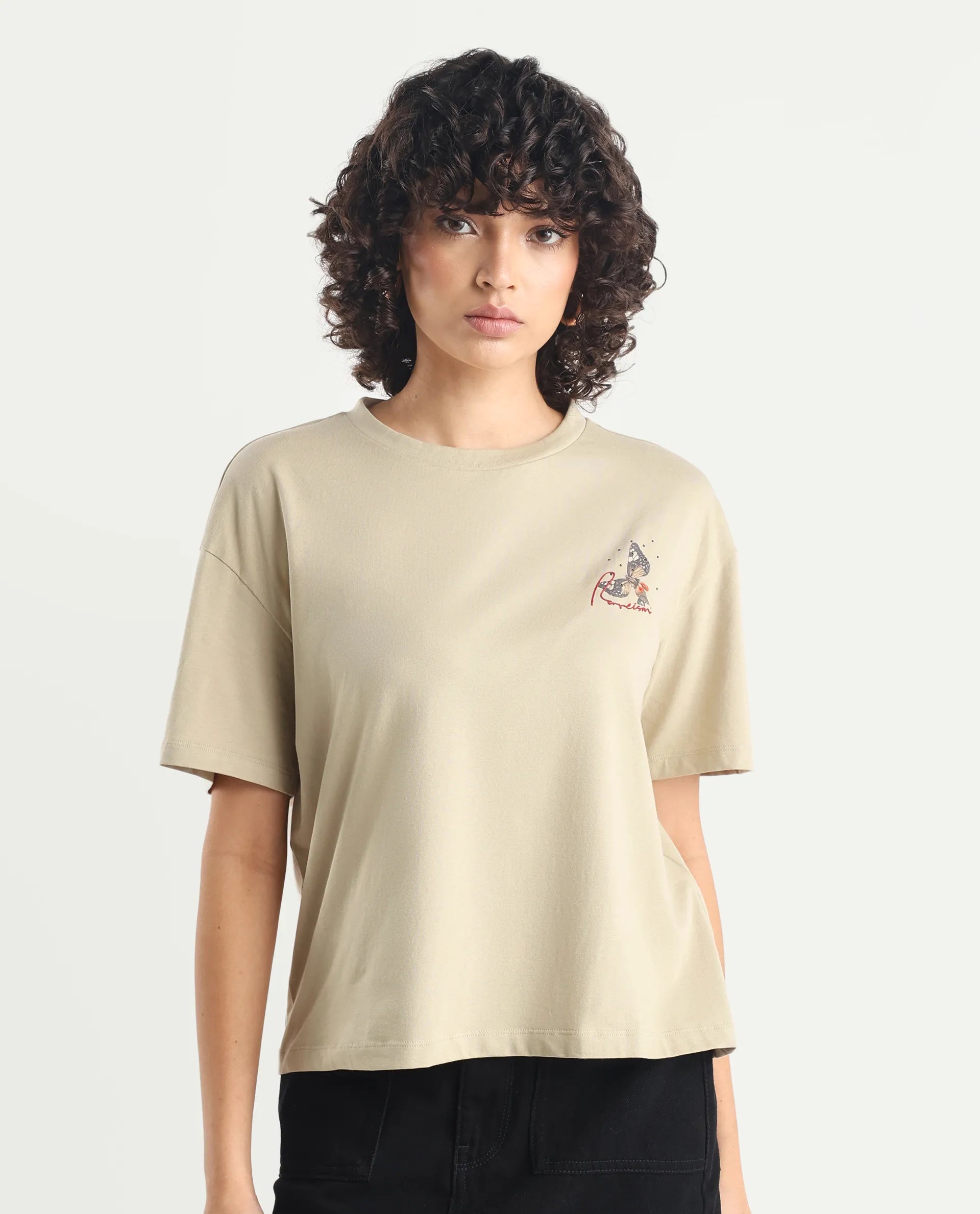 Rareism Women's Ladio Khaki Cotton Blend Crew Neck Graphic Print Relaxed Fit T-Shirt