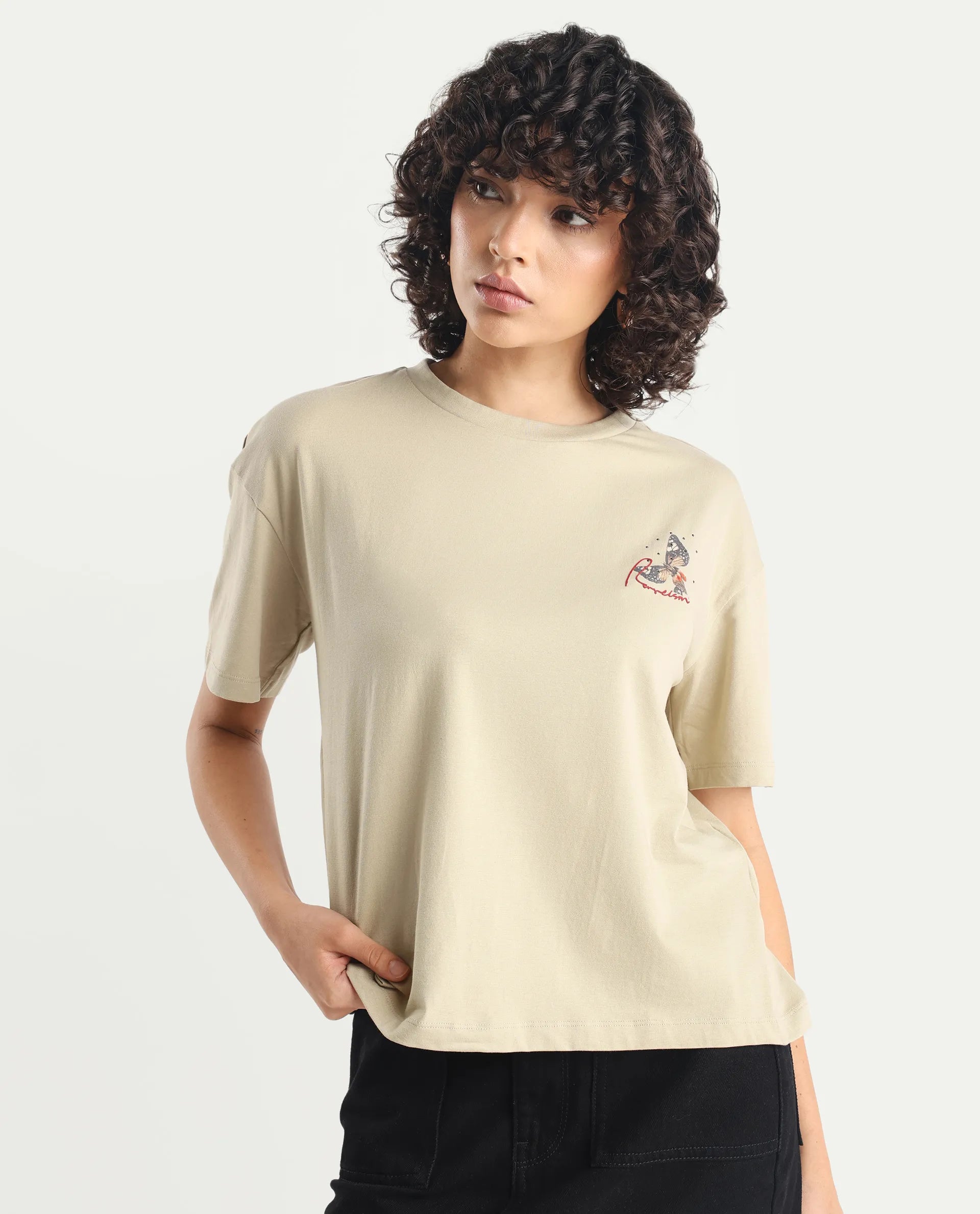 Rareism Women's Ladio Khaki Cotton Blend Crew Neck Graphic Print Relaxed Fit T-Shirt