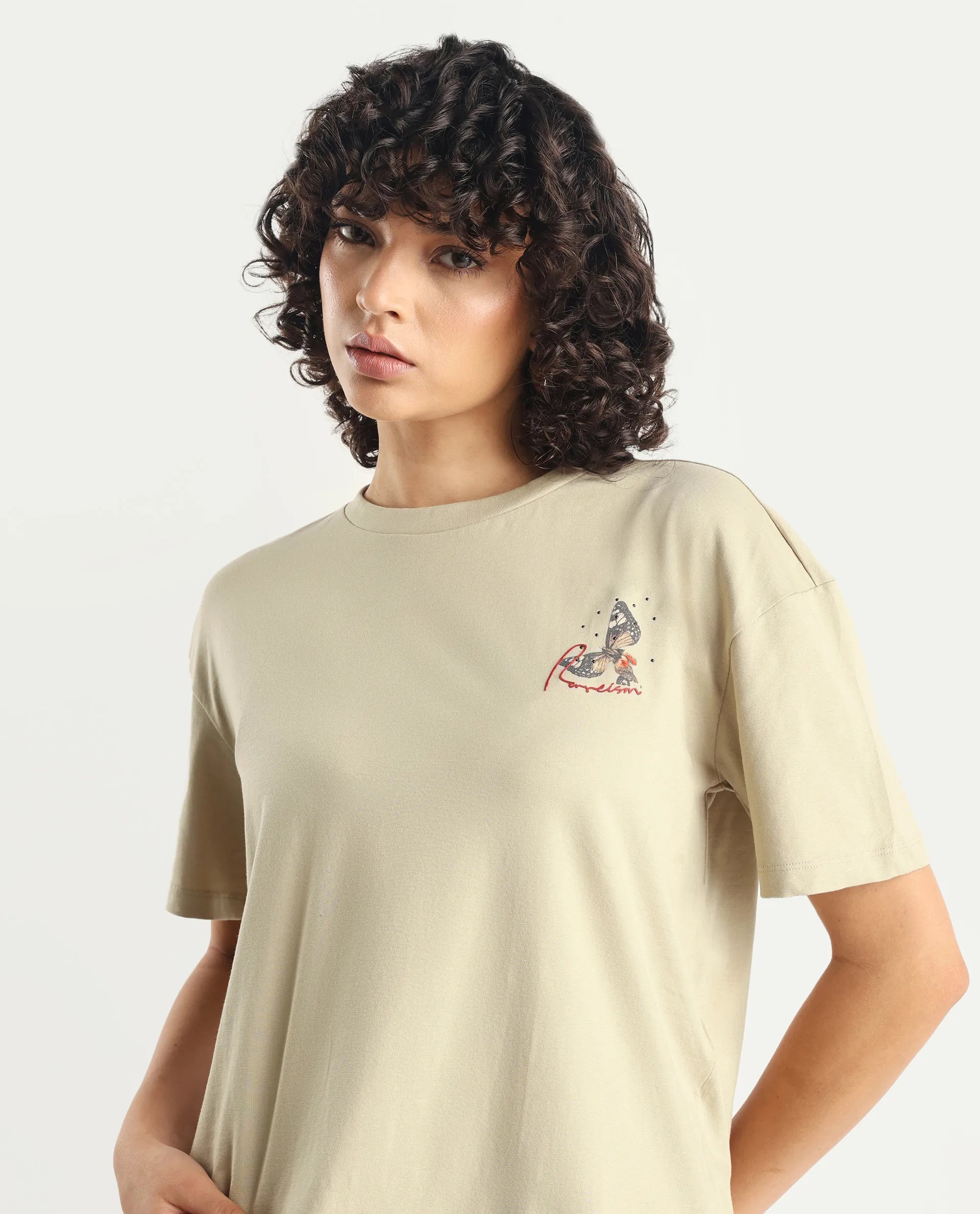 Rareism Women's Ladio Khaki Cotton Blend Crew Neck Graphic Print Relaxed Fit T-Shirt