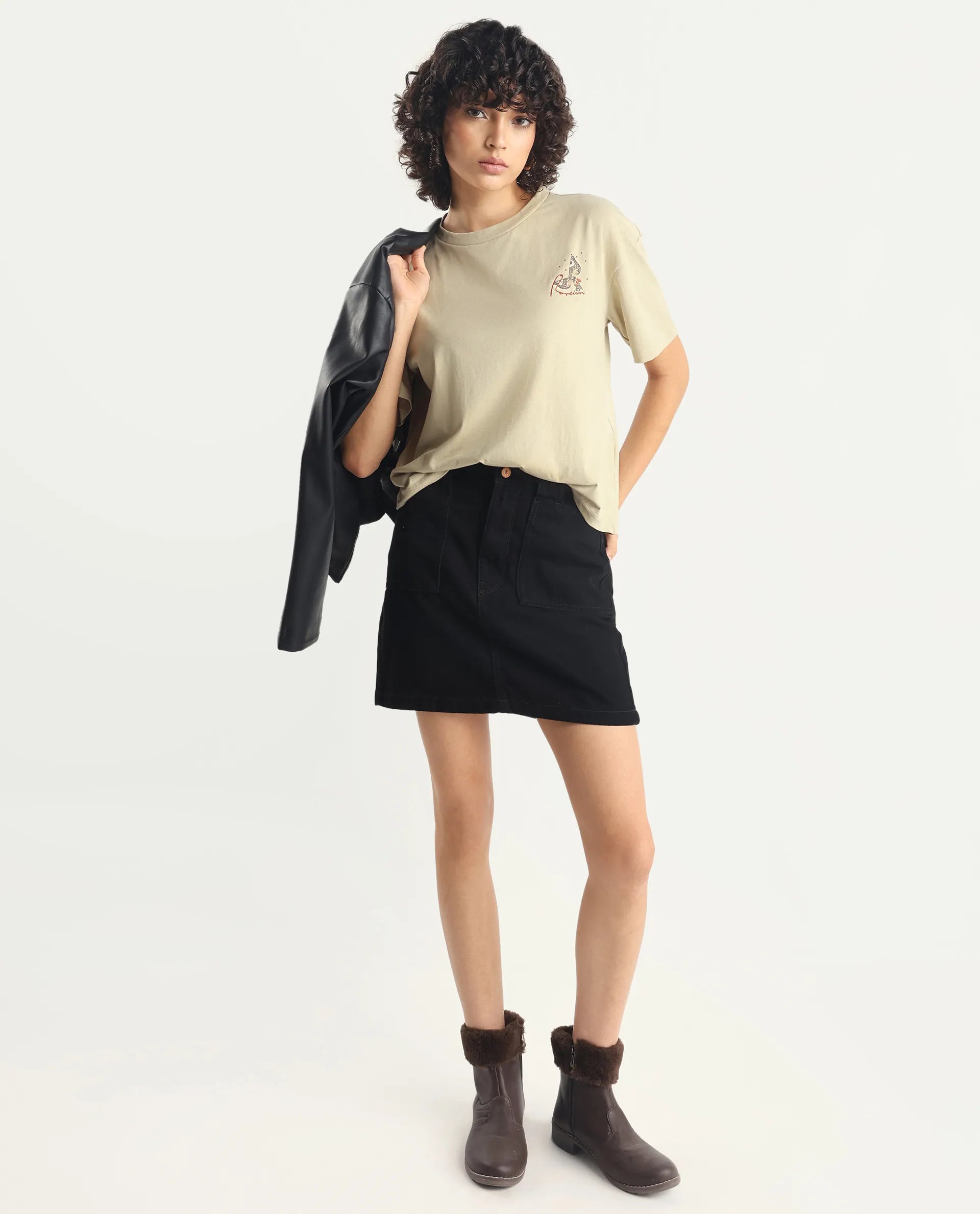 Rareism Women's Ladio Khaki Cotton Blend Crew Neck Graphic Print Relaxed Fit T-Shirt