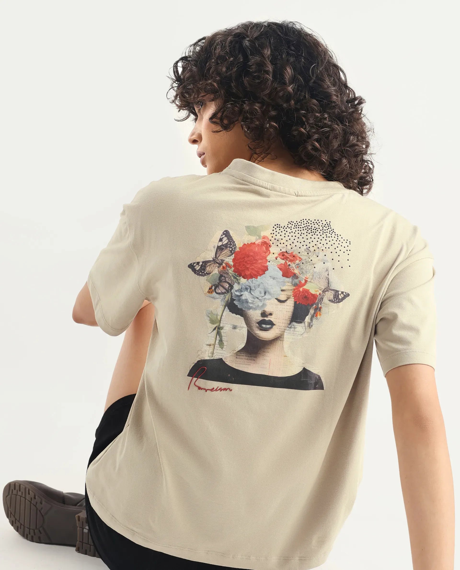 Rareism Women's Ladio Khaki Cotton Blend Crew Neck Graphic Print Relaxed Fit T-Shirt