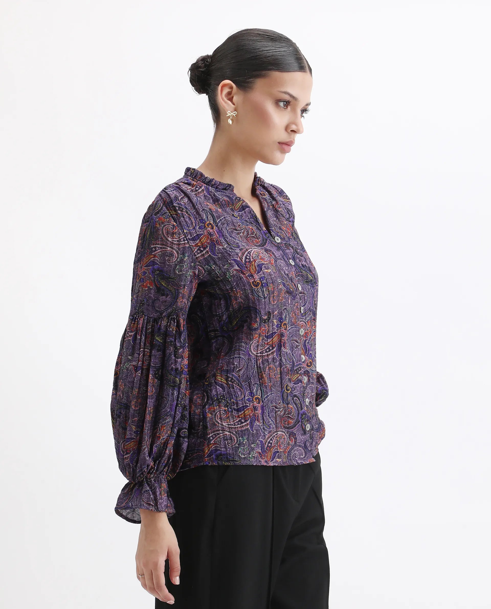 Rareism Women's Lafia Multi Viscose V-Neck Paisley Print Lantern Sleeve Regular Fit Top