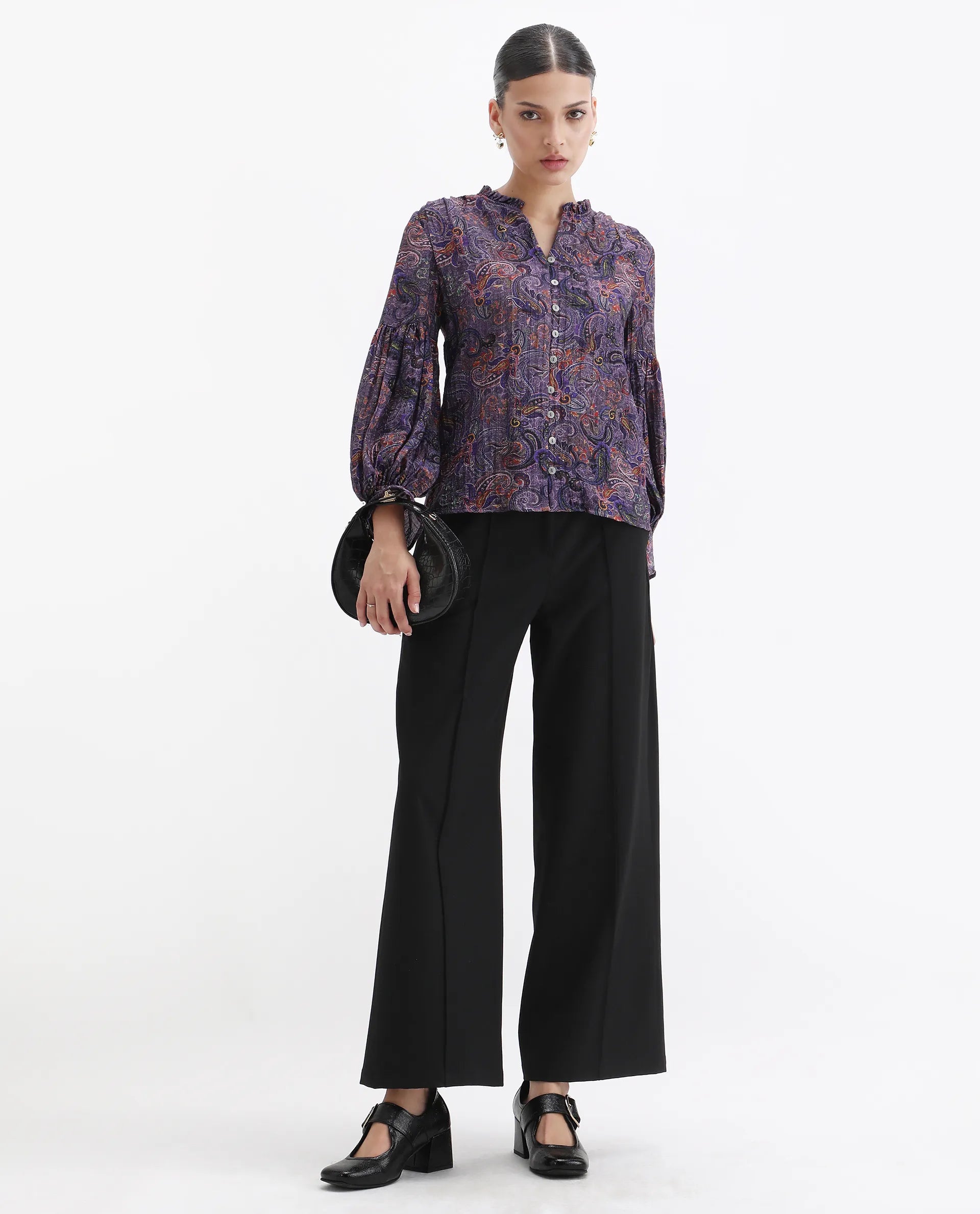 Rareism Women's Lafia Multi Viscose V-Neck Paisley Print Lantern Sleeve Regular Fit Top