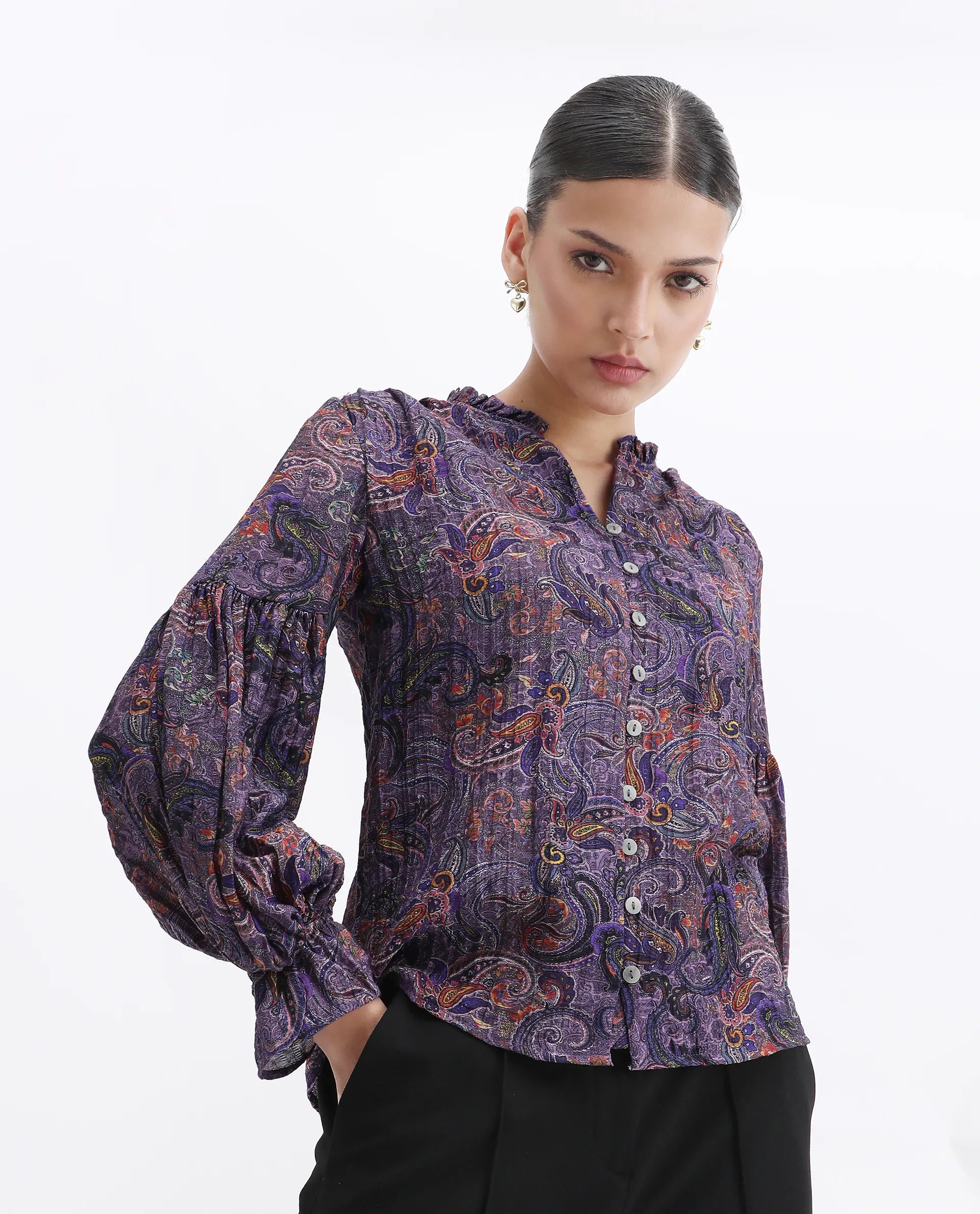 Rareism Women's Lafia Multi Viscose V-Neck Paisley Print Lantern Sleeve Regular Fit Top