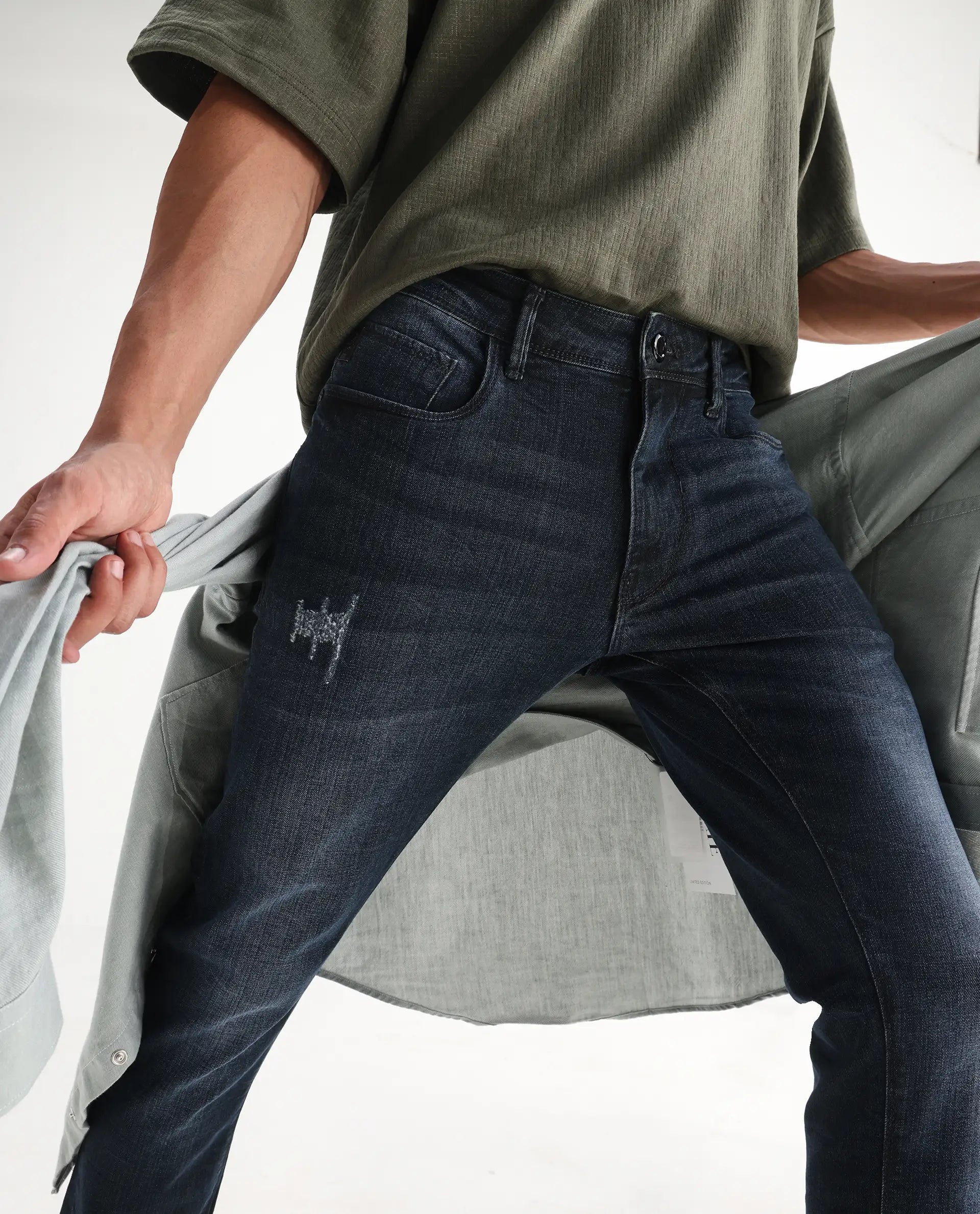 Rare Rabbit Men's Laiden Blue Cotton Plain Hawk Slim Fit Jeans