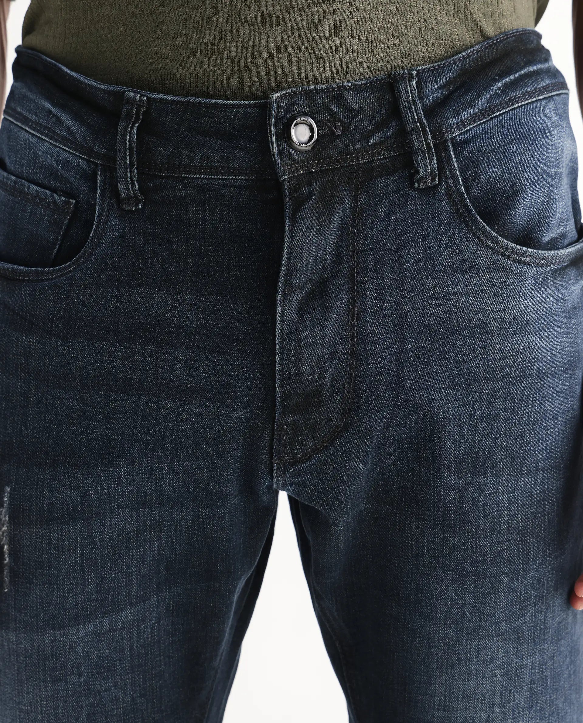 Rare Rabbit Men's Laiden Blue Cotton Plain Hawk Slim Fit Jeans