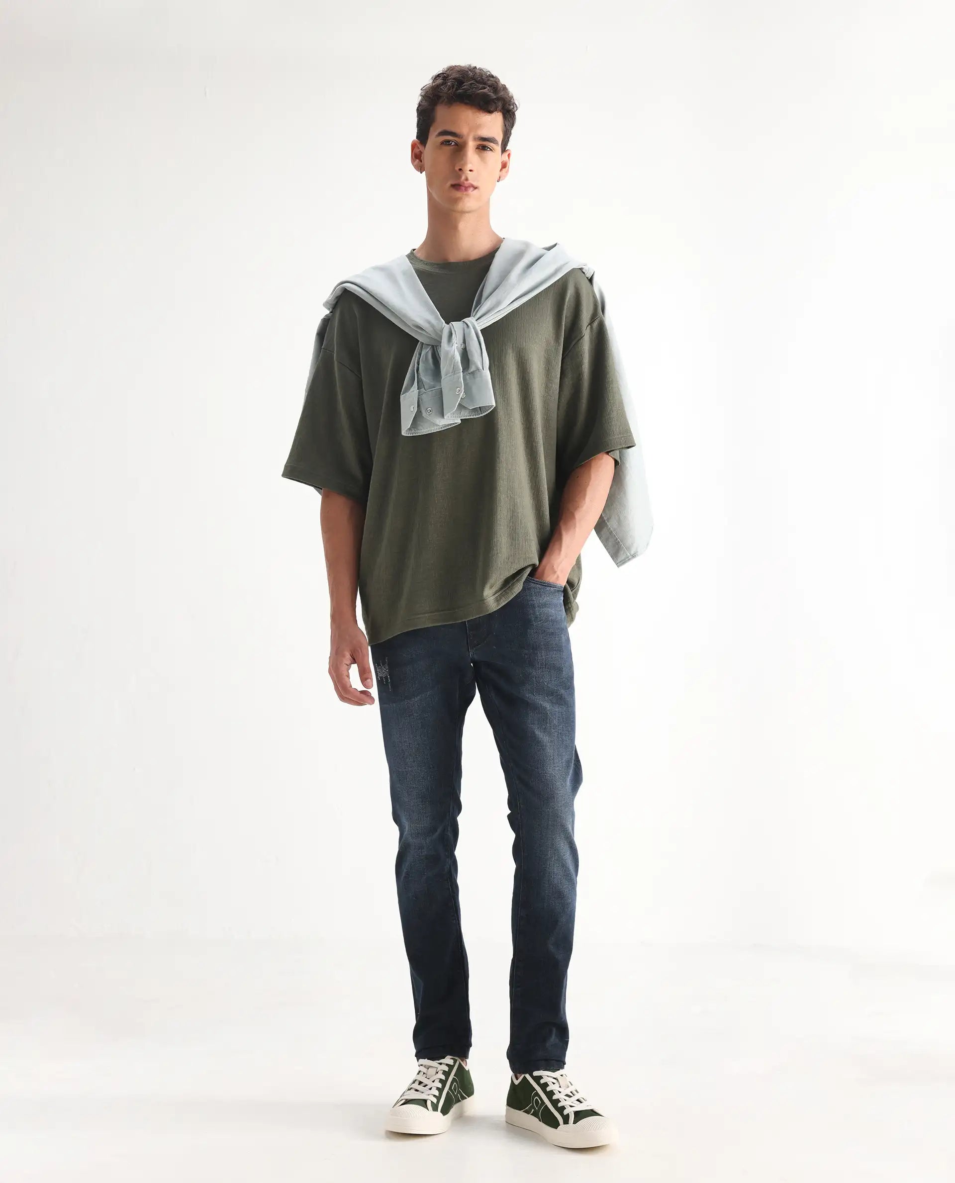 Rare Rabbit Men's Laiden Blue Cotton Plain Hawk Slim Fit Jeans