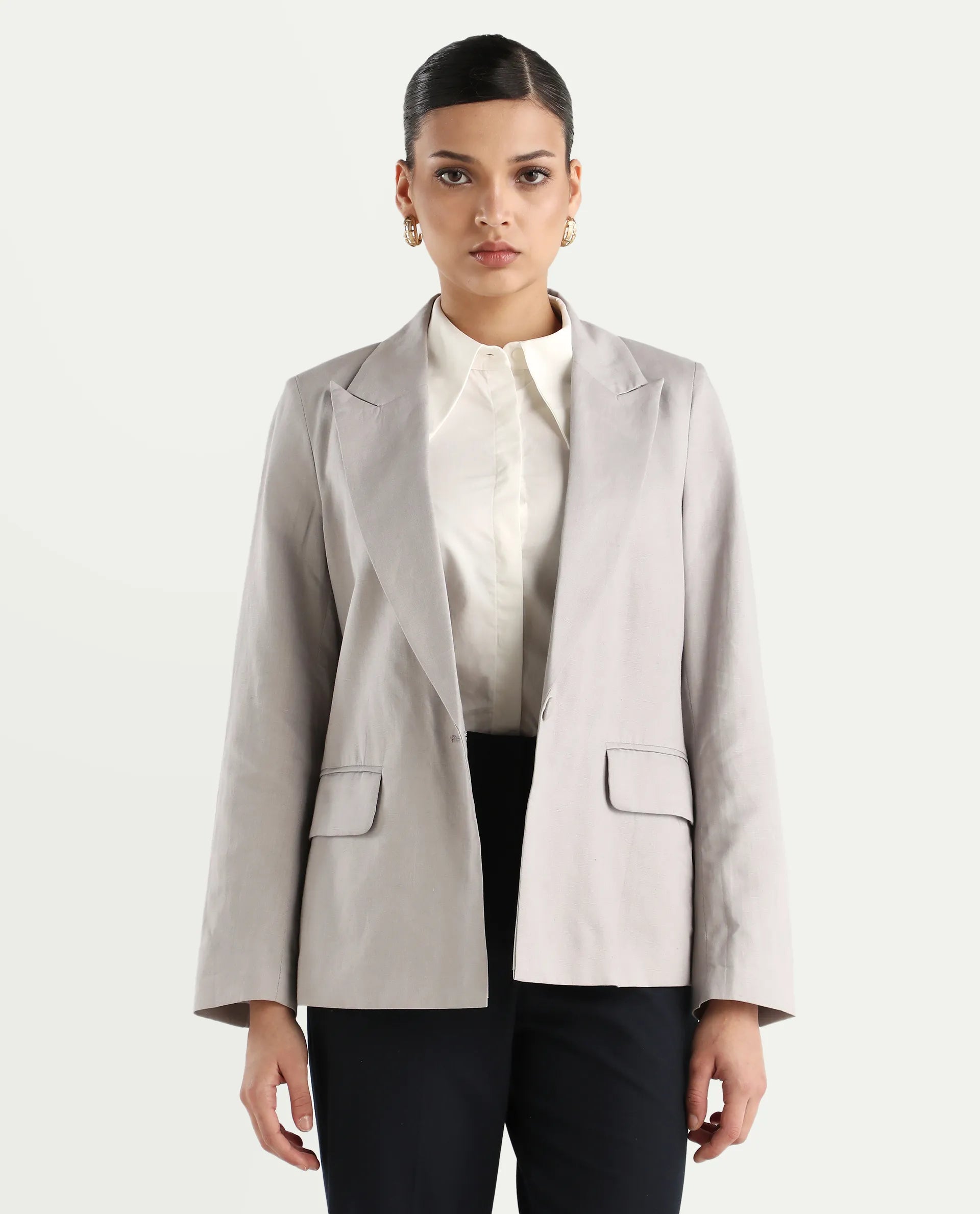 Rareism Women's Laika Grey Linen Lapel Neck Plain Regular Fit Blazer