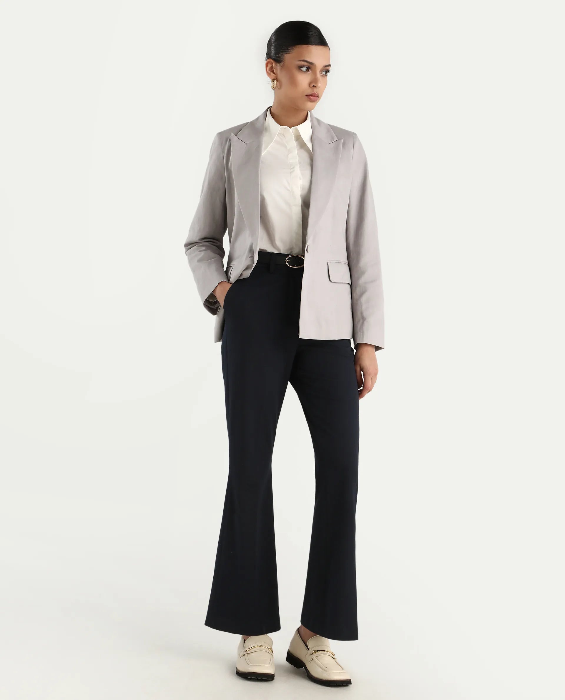 Rareism Women's Laika Grey Linen Lapel Neck Plain Regular Fit Blazer
