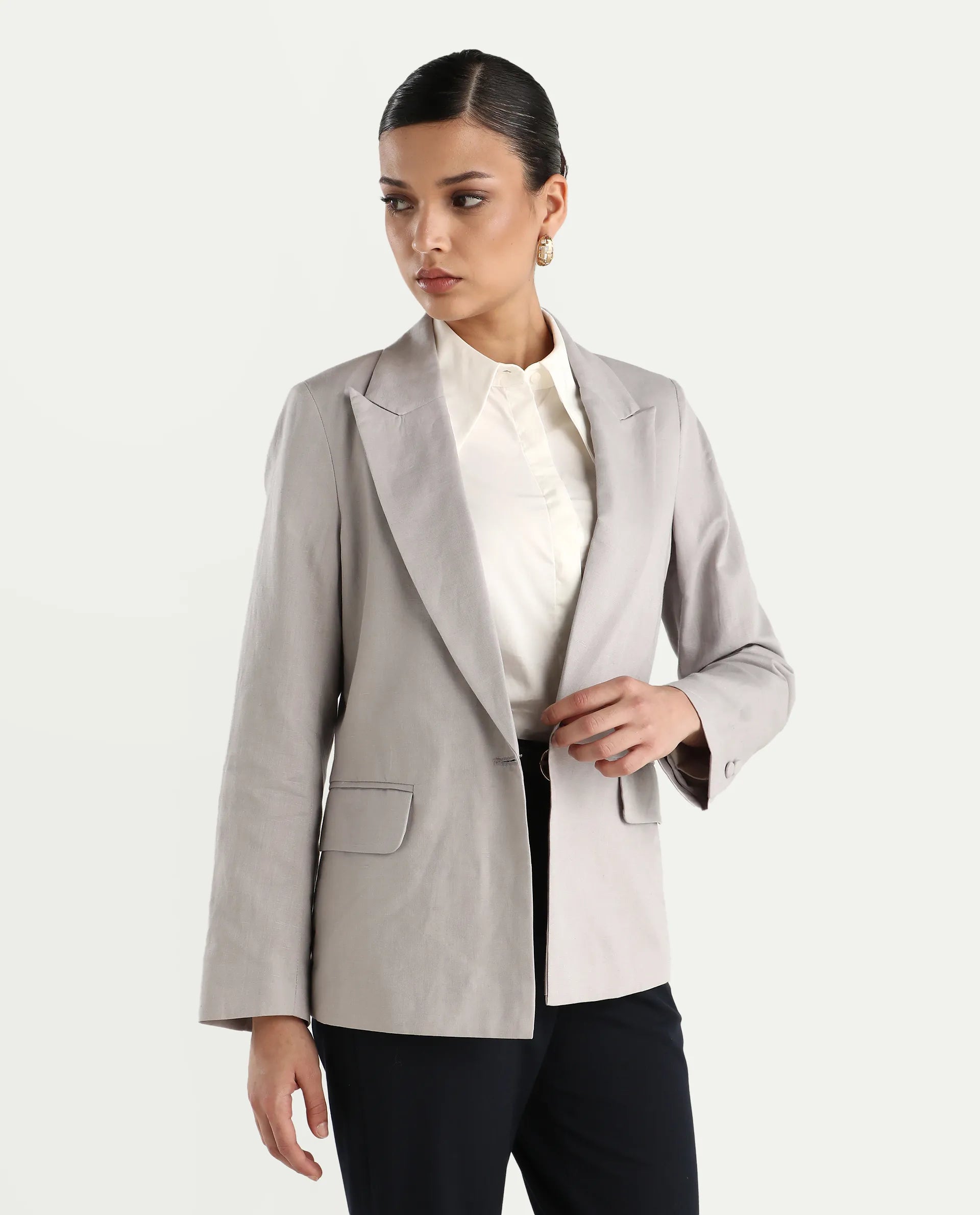 Rareism Women's Laika Grey Linen Lapel Neck Plain Regular Fit Blazer