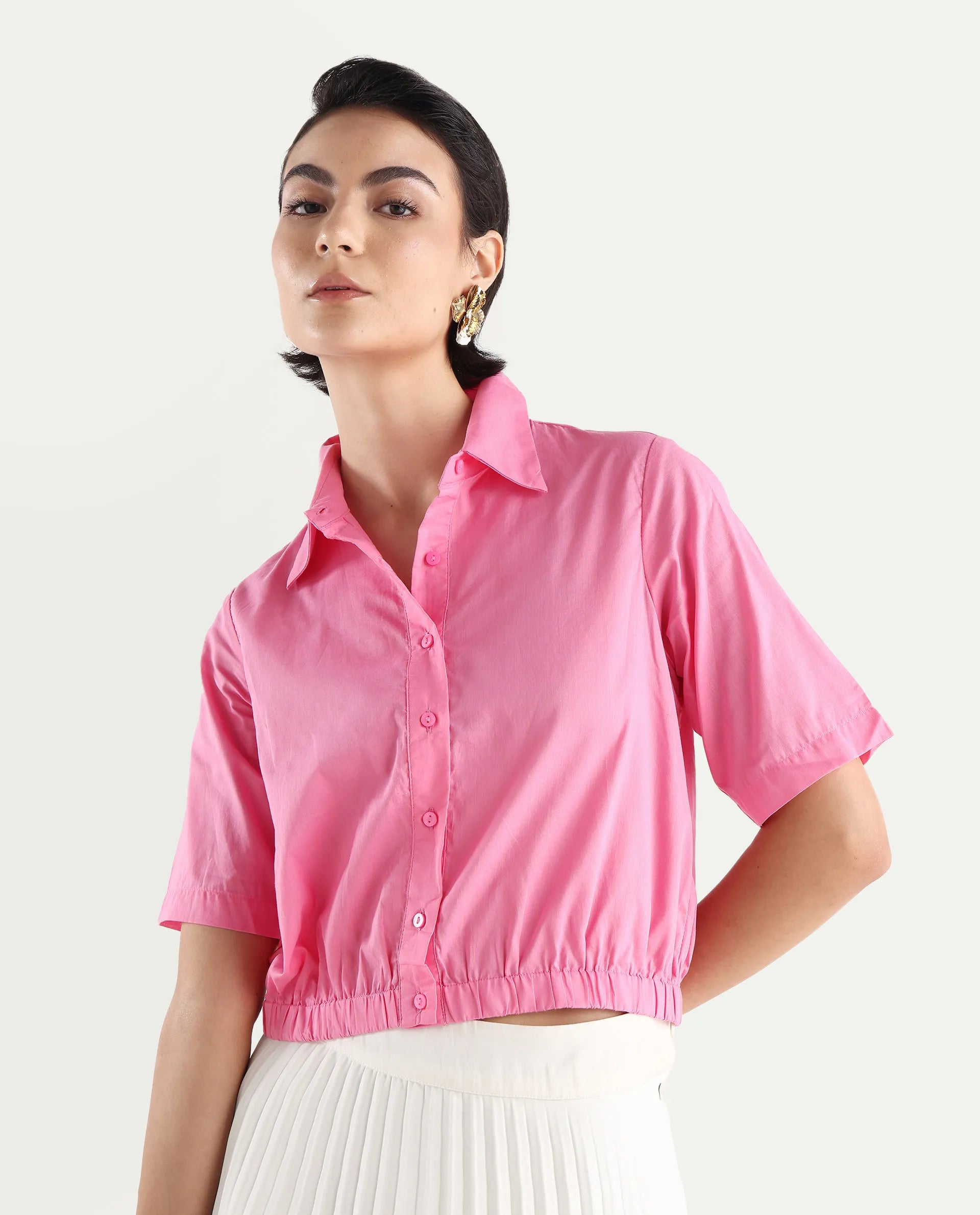Rareism Women's Lakeavi Pink Cotton Spread Collar Plain Crop Regular Fit Top