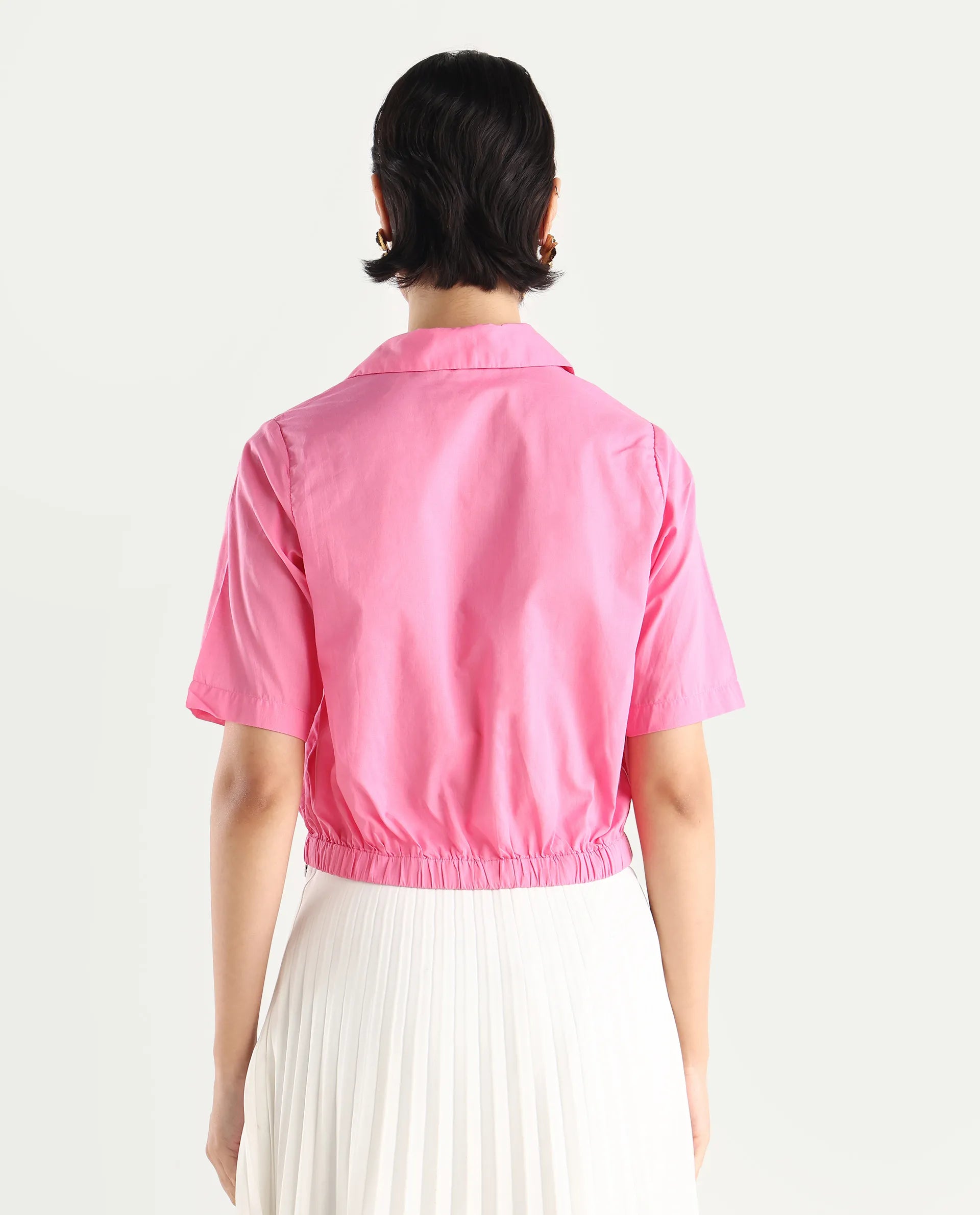 Rareism Women's Lakeavi Pink Cotton Spread Collar Plain Crop Regular Fit Top