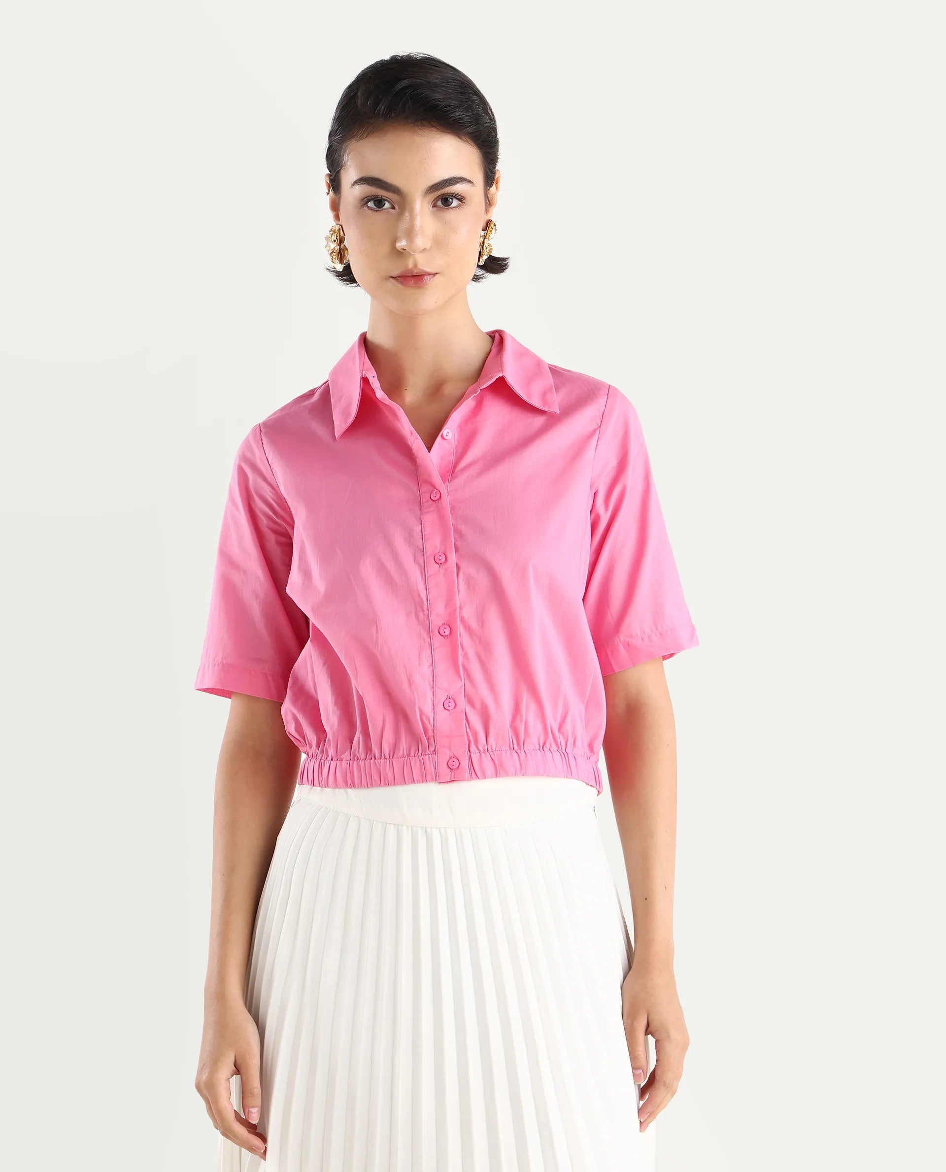 Rareism Women's Lakeavi Pink Cotton Spread Collar Plain Crop Regular Fit Top