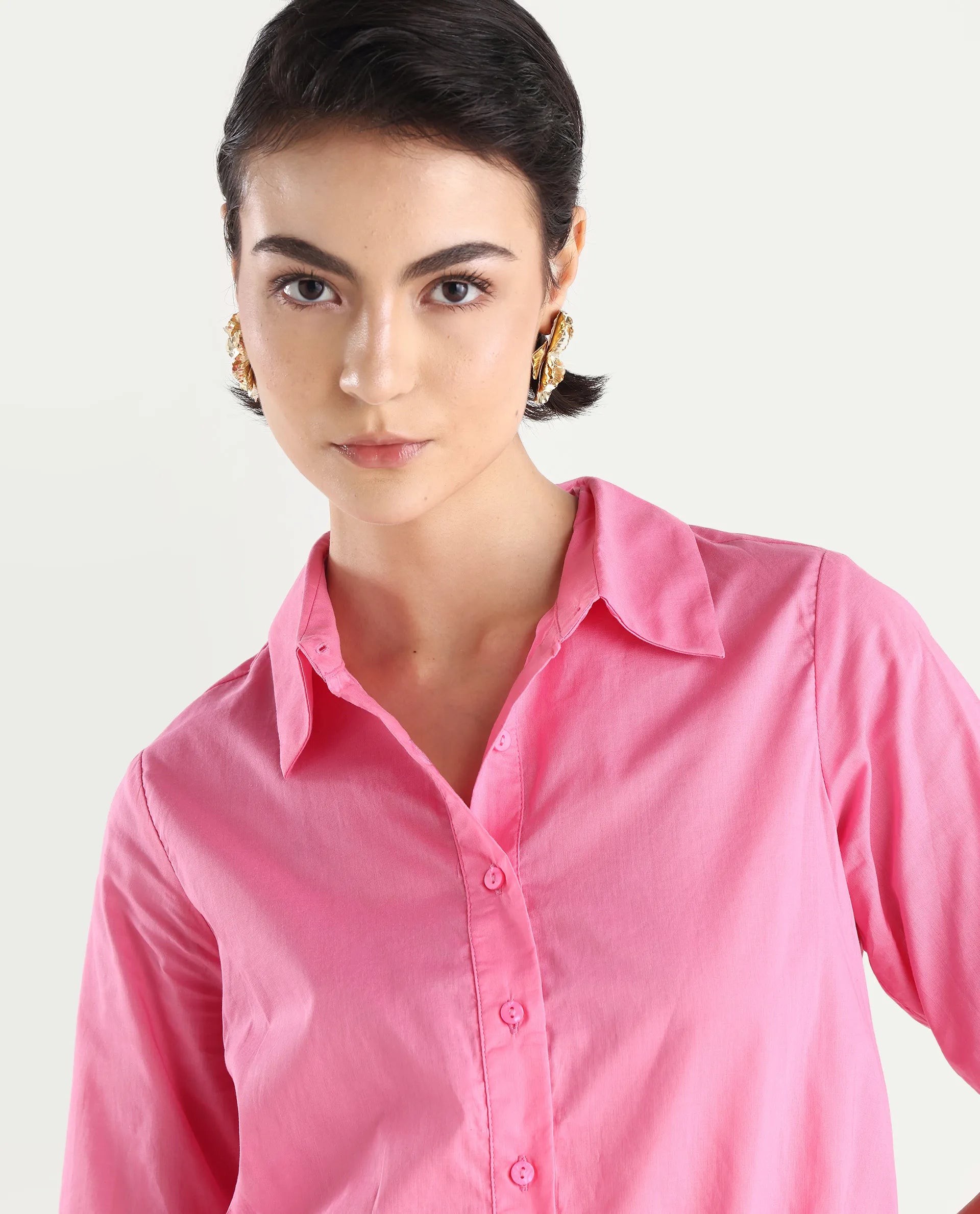 Rareism Women's Lakeavi Pink Cotton Spread Collar Plain Crop Regular Fit Top