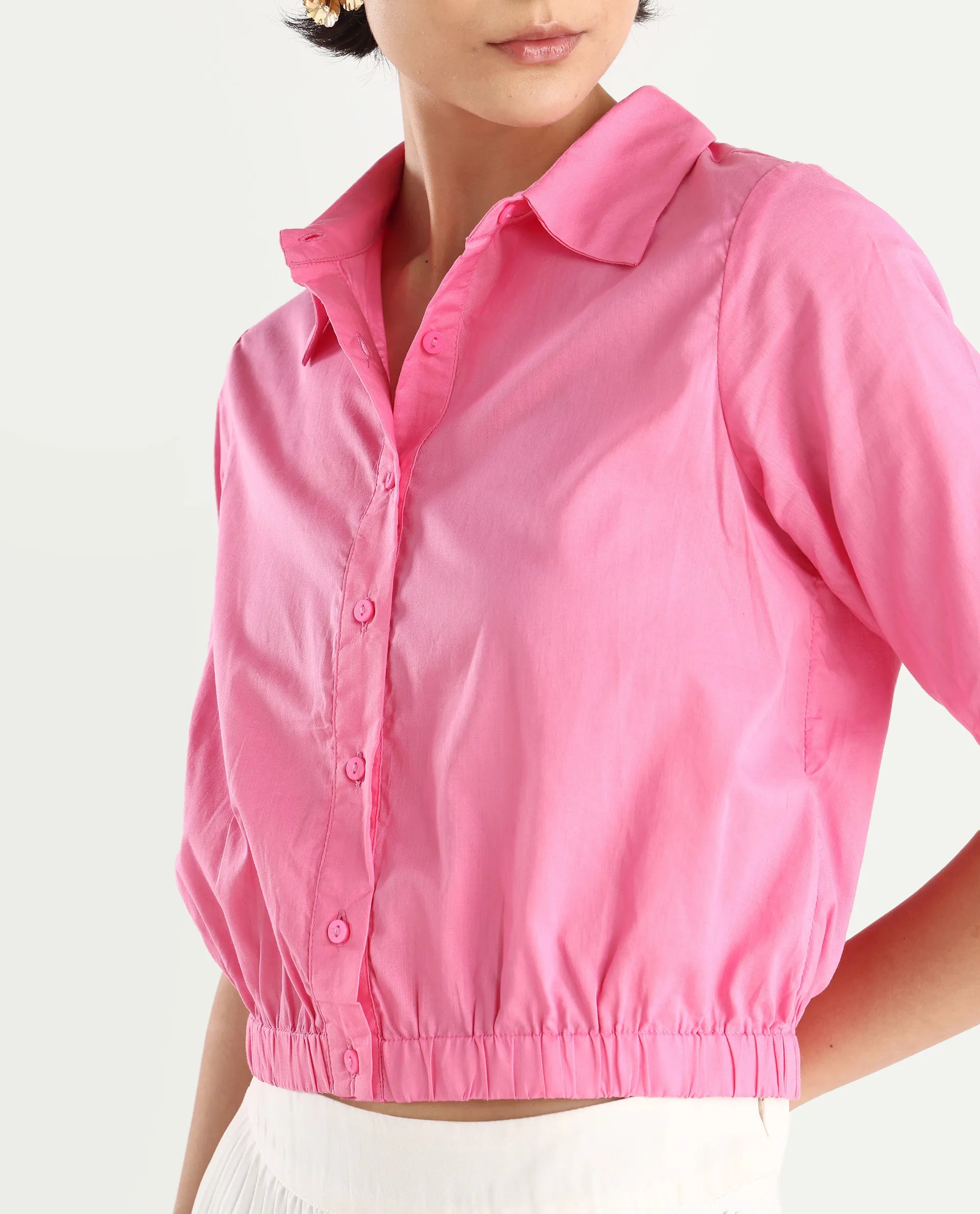 Rareism Women's Lakeavi Pink Cotton Spread Collar Plain Crop Regular Fit Top