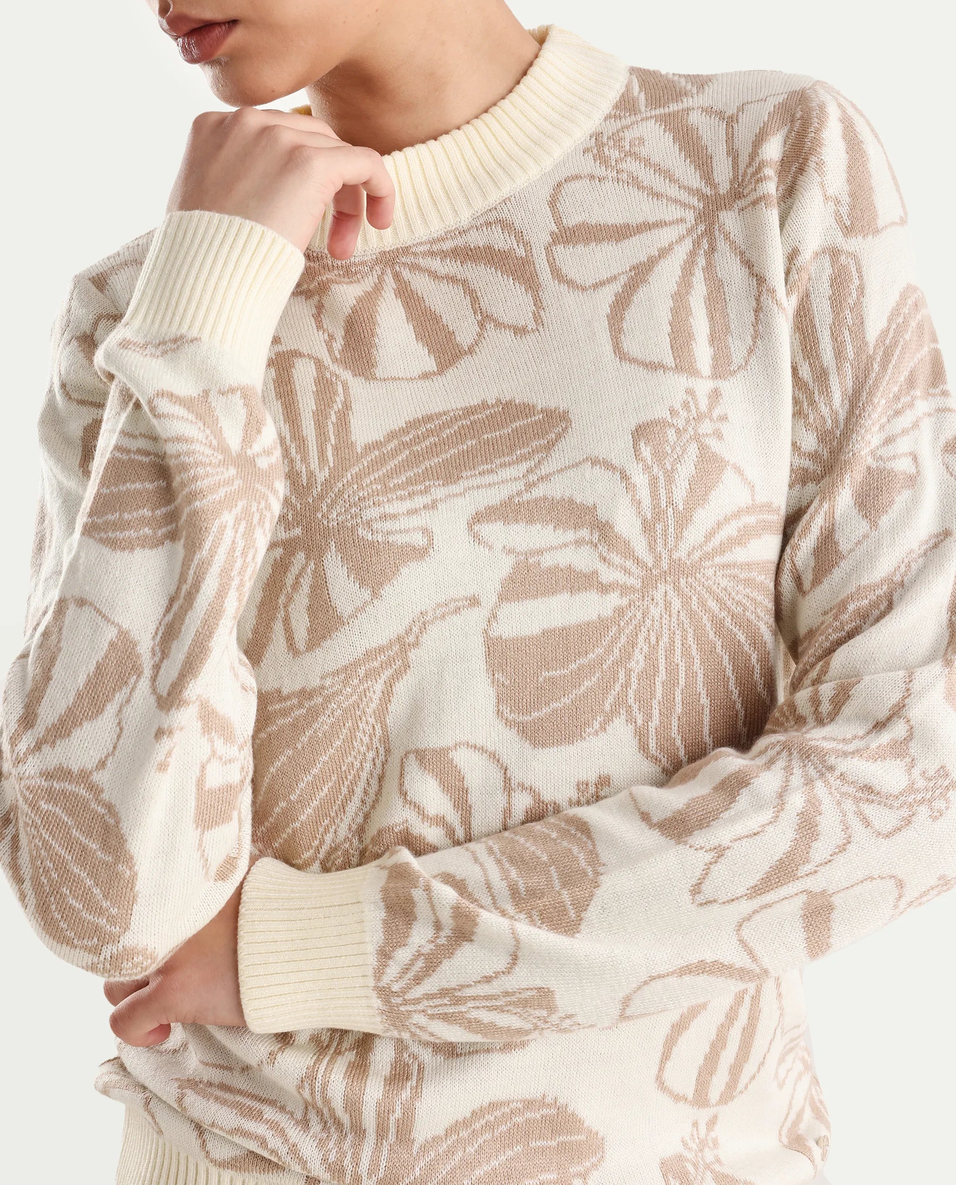 Rareism Women's Lakent Beige Acrylic Crew Neck Jacquard Regular Fit Sweater