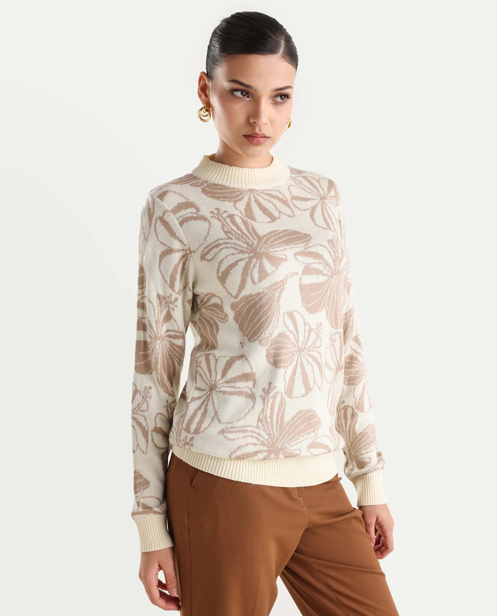 Rareism Women's Lakent Beige Acrylic Crew Neck Jacquard Regular Fit Sweater