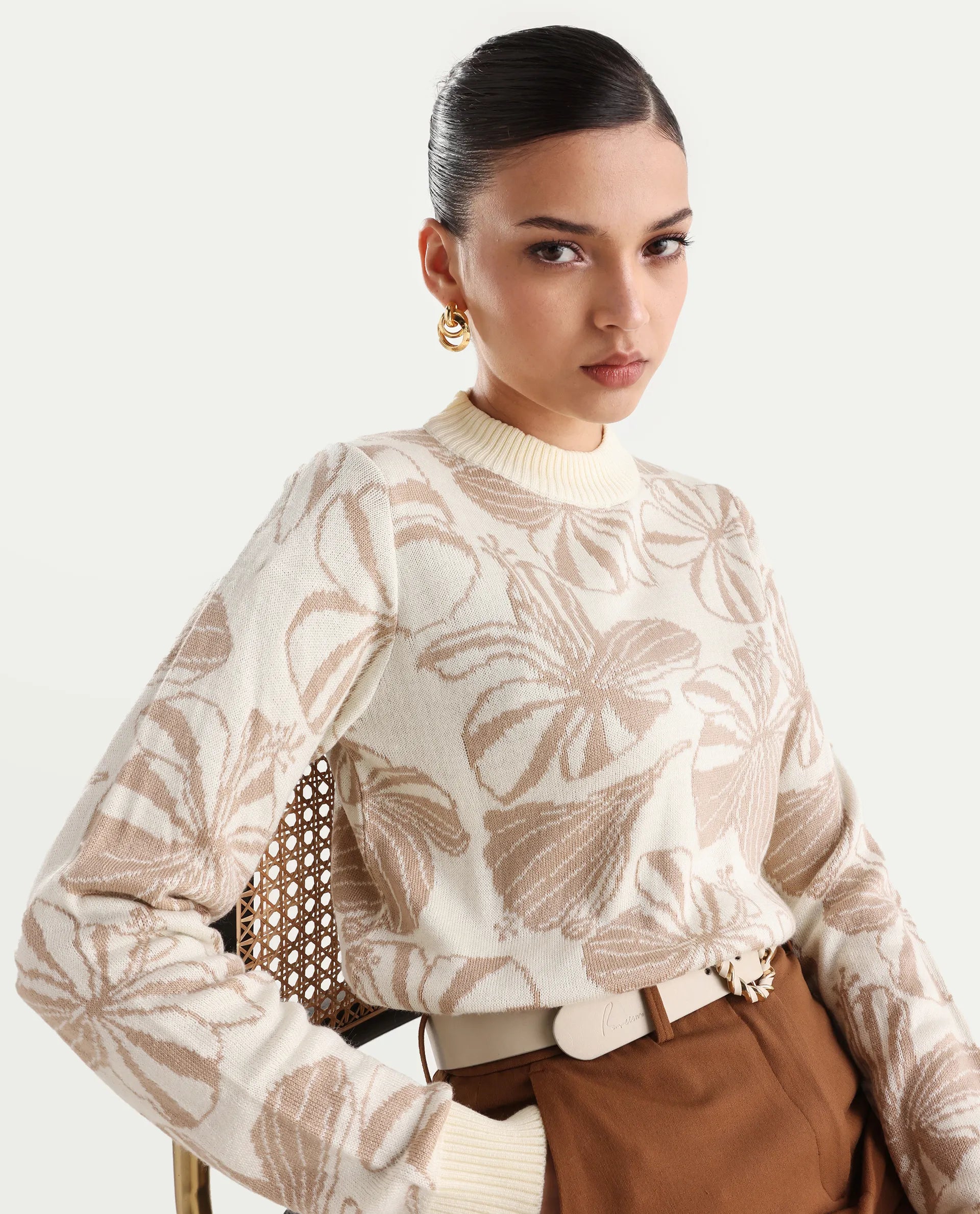 Rareism Women's Lakent Beige Acrylic Crew Neck Jacquard Regular Fit Sweater