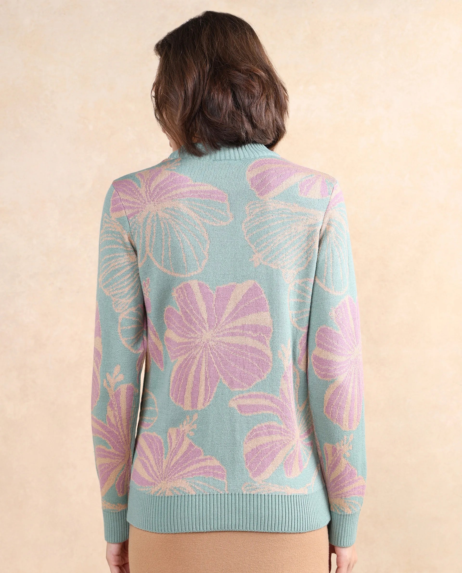 Rareism Women Lakent Light Blue Relaxed Fit Jacquard Sweater