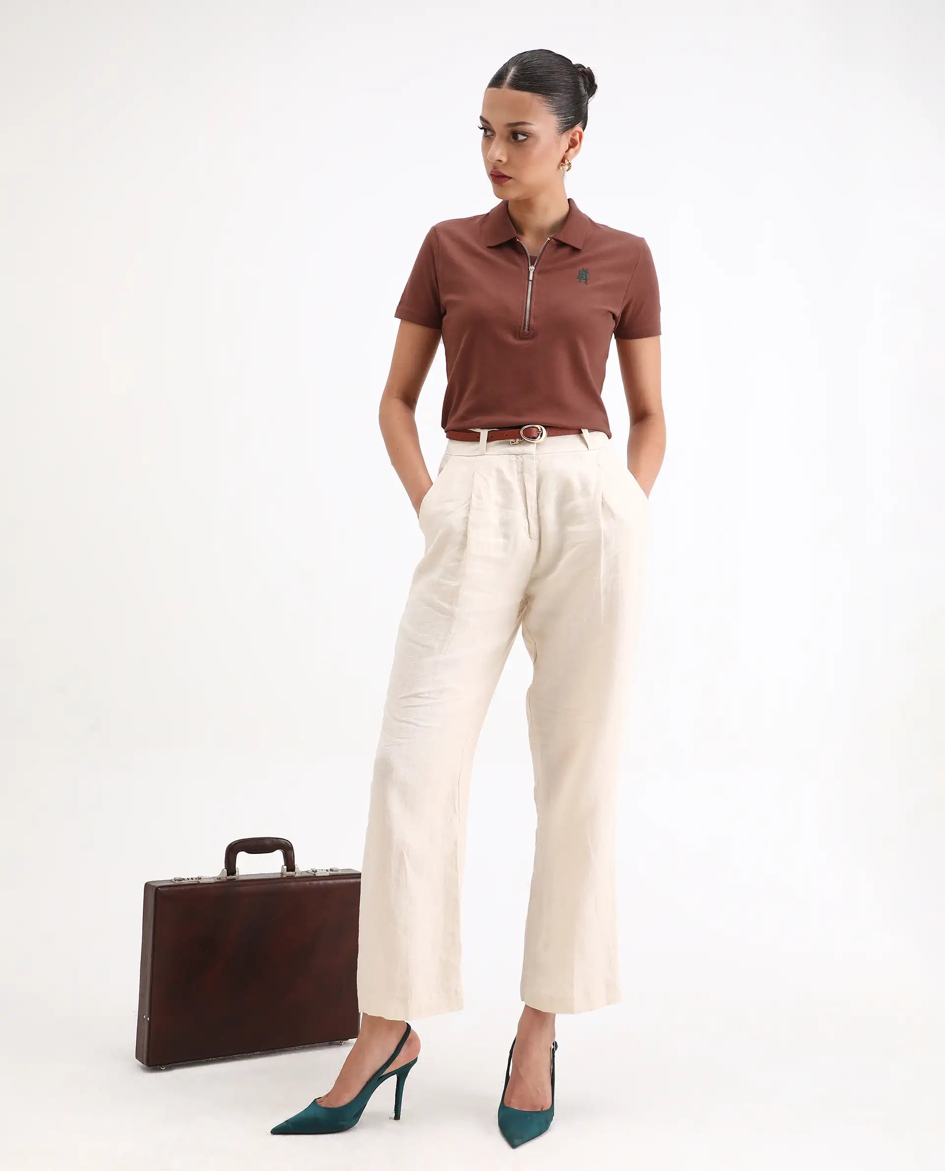 Rareism Women's Laken Brown Cotton Blend Polo Neck Plain Regular Fit Polo