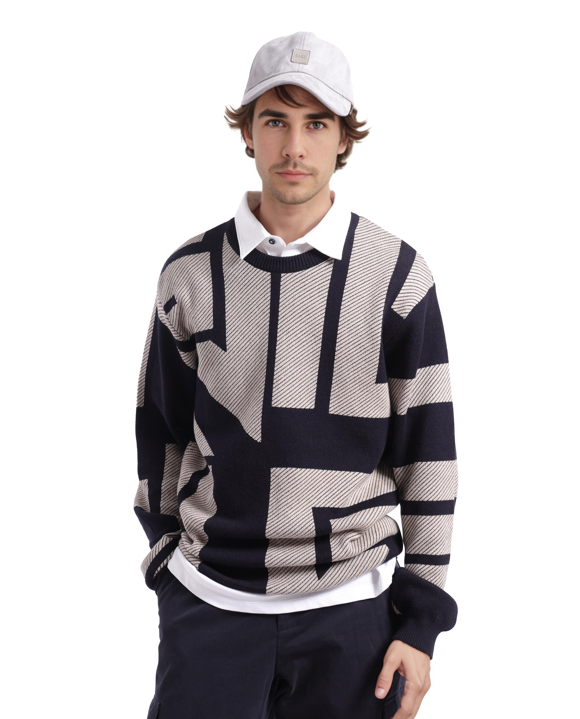 Rare Rabbit Men's Toge Navy Cotton Fabric Full Sleeve Crew Neck Monogram Print Sweater