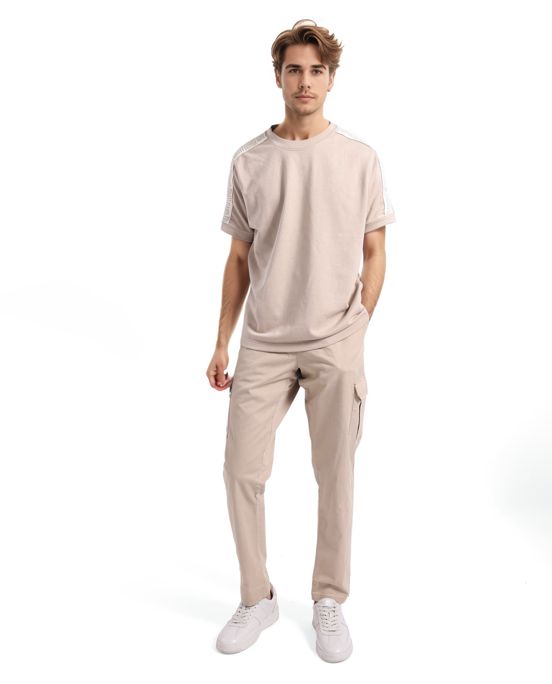 Rare Rabbit Men Nobo Beige Short Sleeve Crew Neck Oversized Fit Monogram Tape T-Shirt