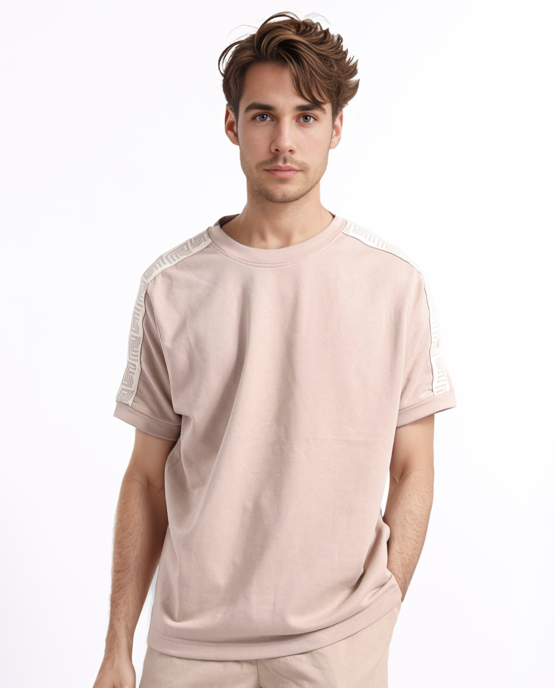 Rare Rabbit Men Nobo Beige Short Sleeve Crew Neck Oversized Fit Monogram Tape T-Shirt
