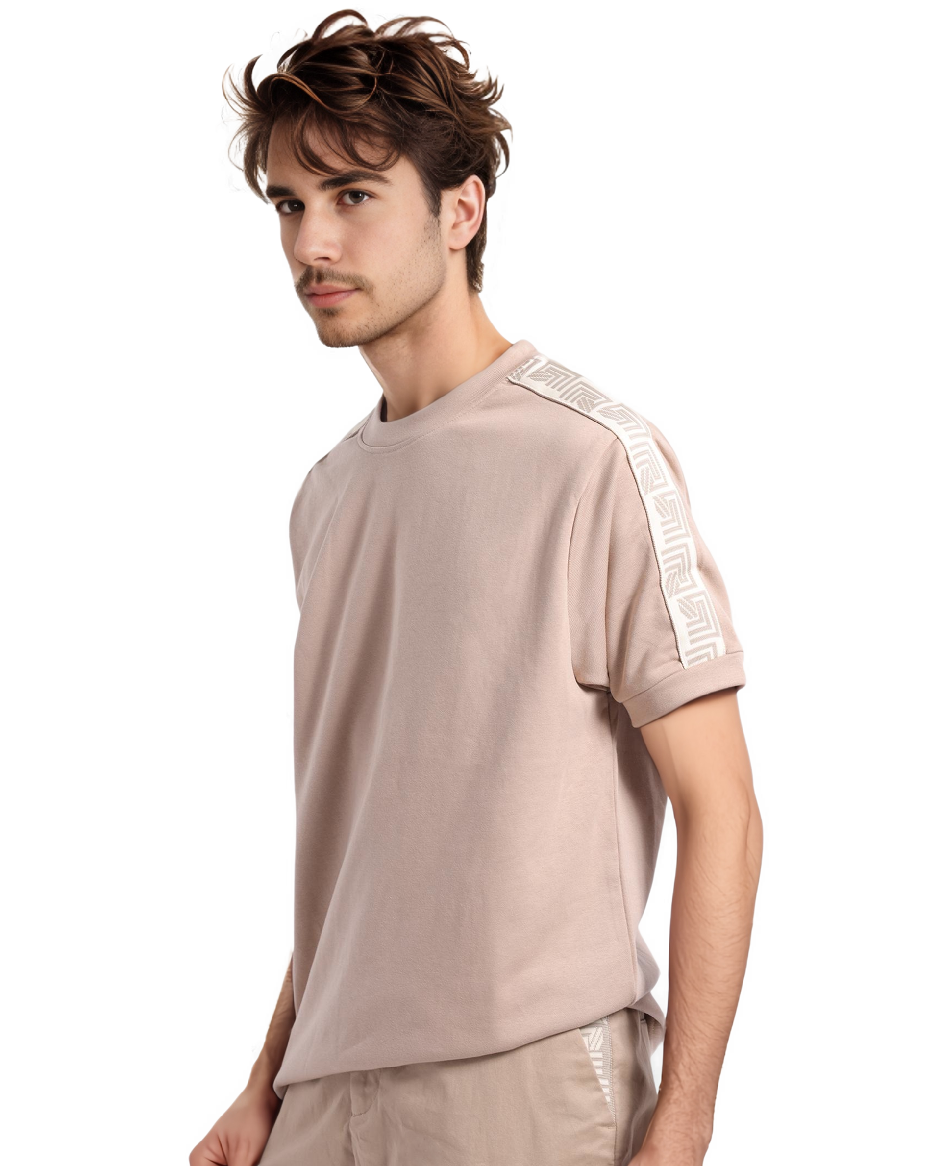 Rare Rabbit Men Nobo Beige Short Sleeve Crew Neck Oversized Fit Monogram Tape T-Shirt