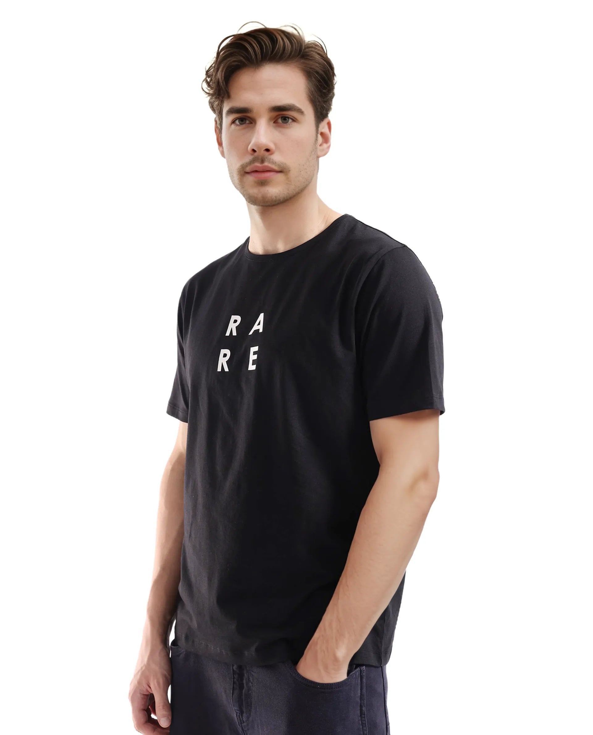 Rare Rabbit Men's Lalyy Black Cotton Blend Fabric Short Sleeve Crew Neck T-Shirt