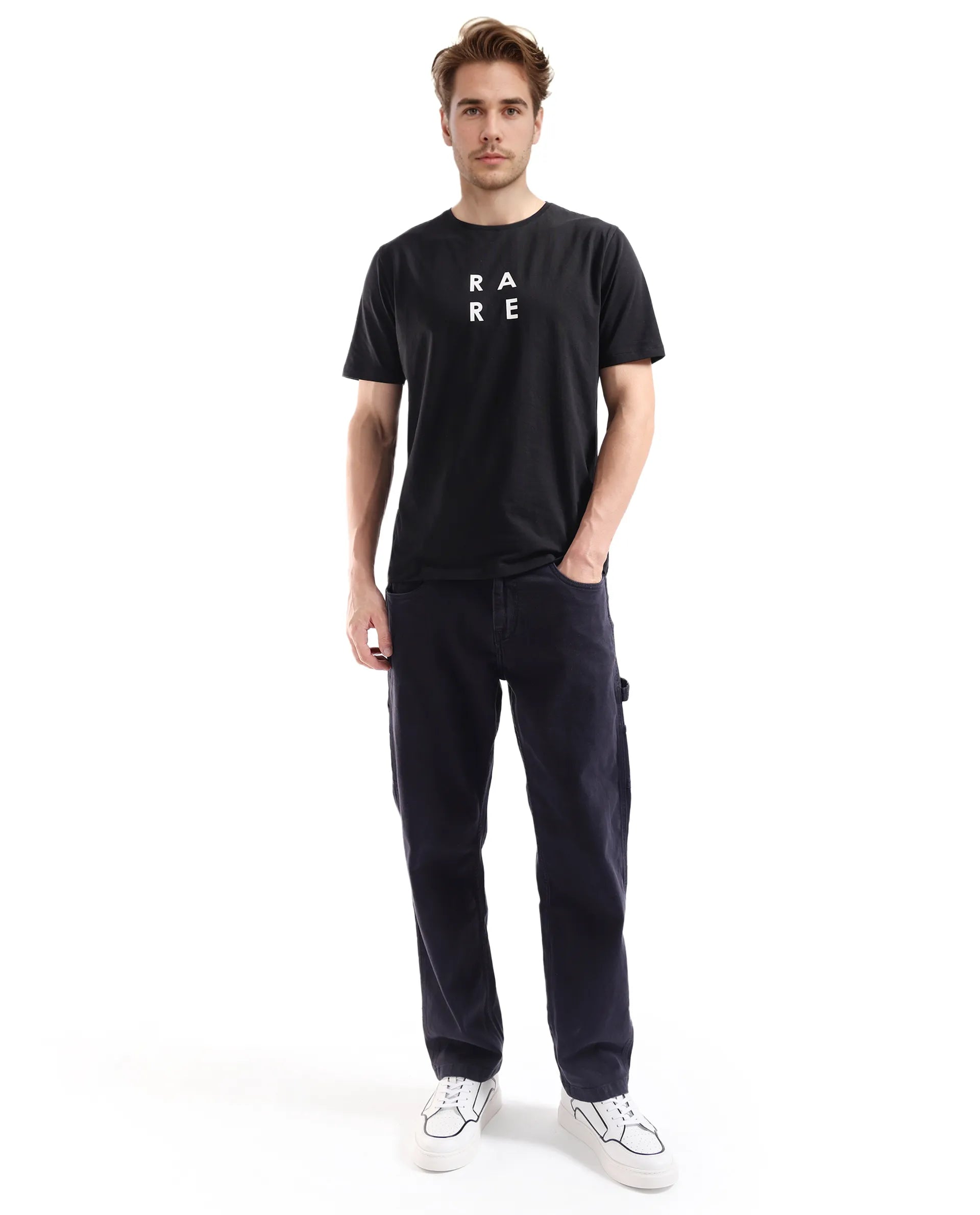 Rare Rabbit Men's Lalyy Black Cotton Blend Fabric Short Sleeve Crew Neck T-Shirt