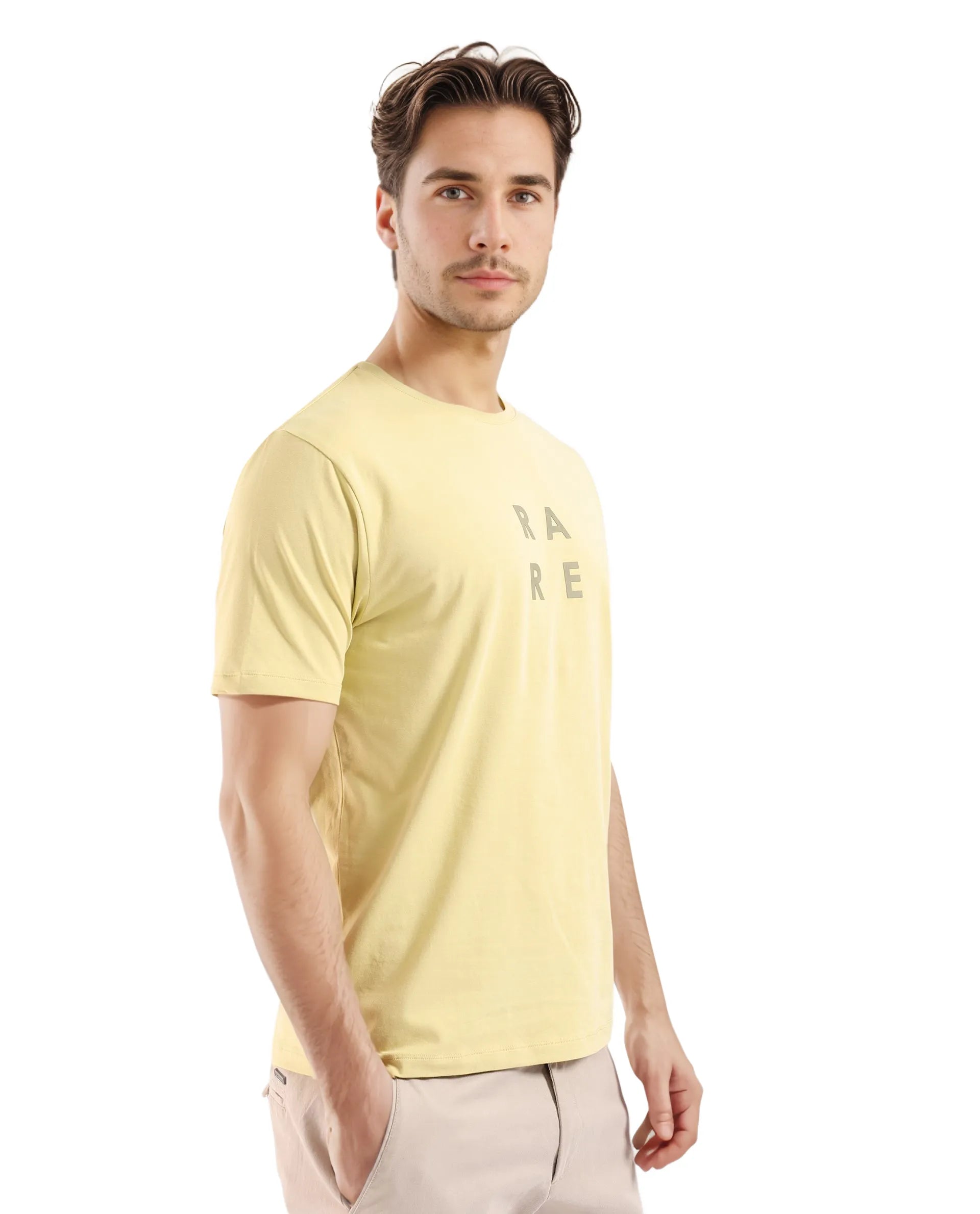Rare Rabbit Men's Lalyy Dusky Yellow Cotton Blend Fabric Short Sleeve Crew Neck T-Shirt