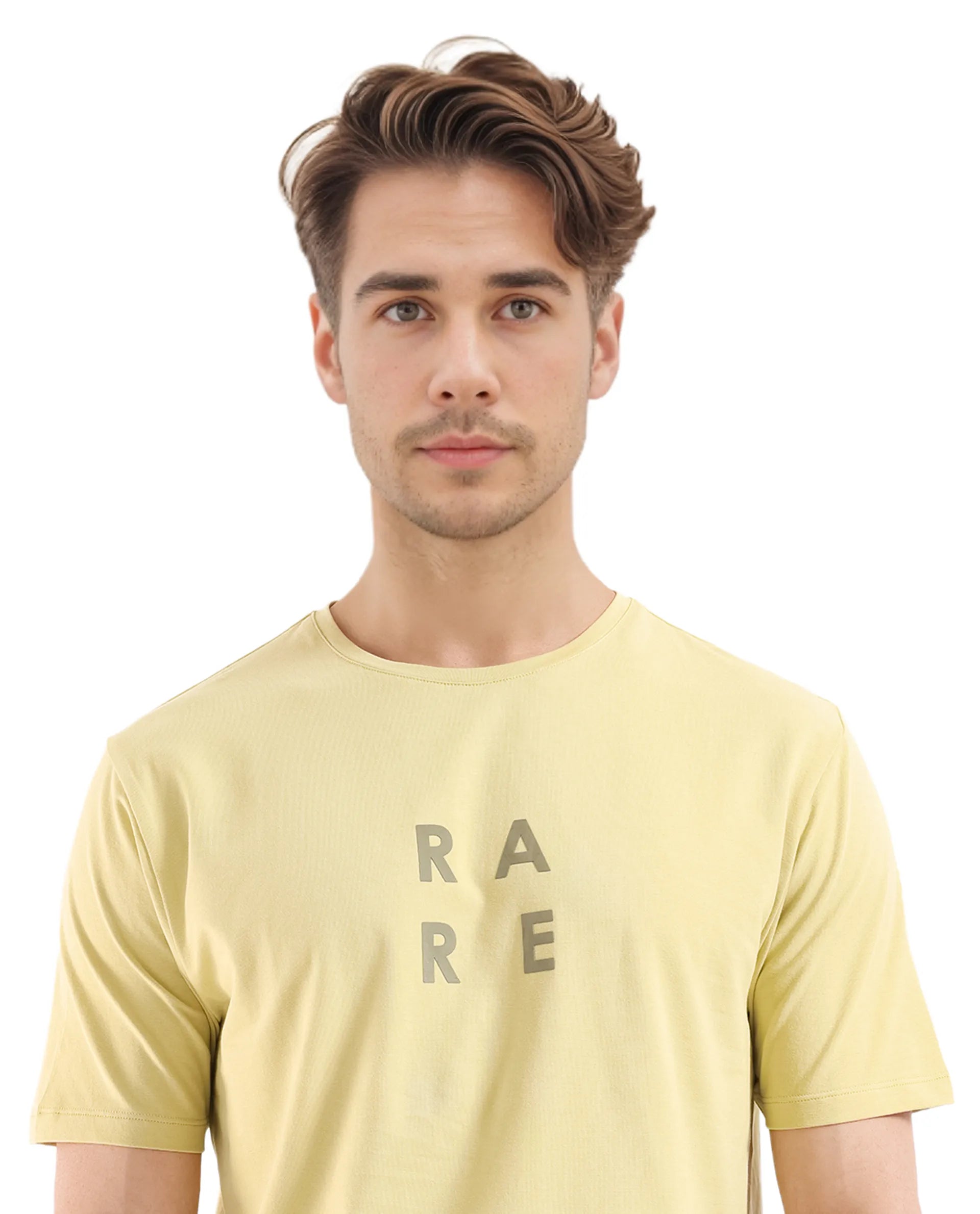 Rare Rabbit Men's Lalyy Dusky Yellow Cotton Blend Fabric Short Sleeve Crew Neck T-Shirt