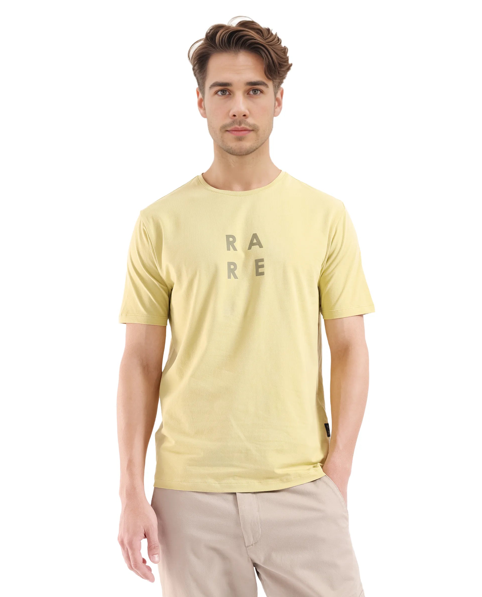 Rare Rabbit Men's Lalyy Dusky Yellow Cotton Blend Fabric Short Sleeve Crew Neck T-Shirt