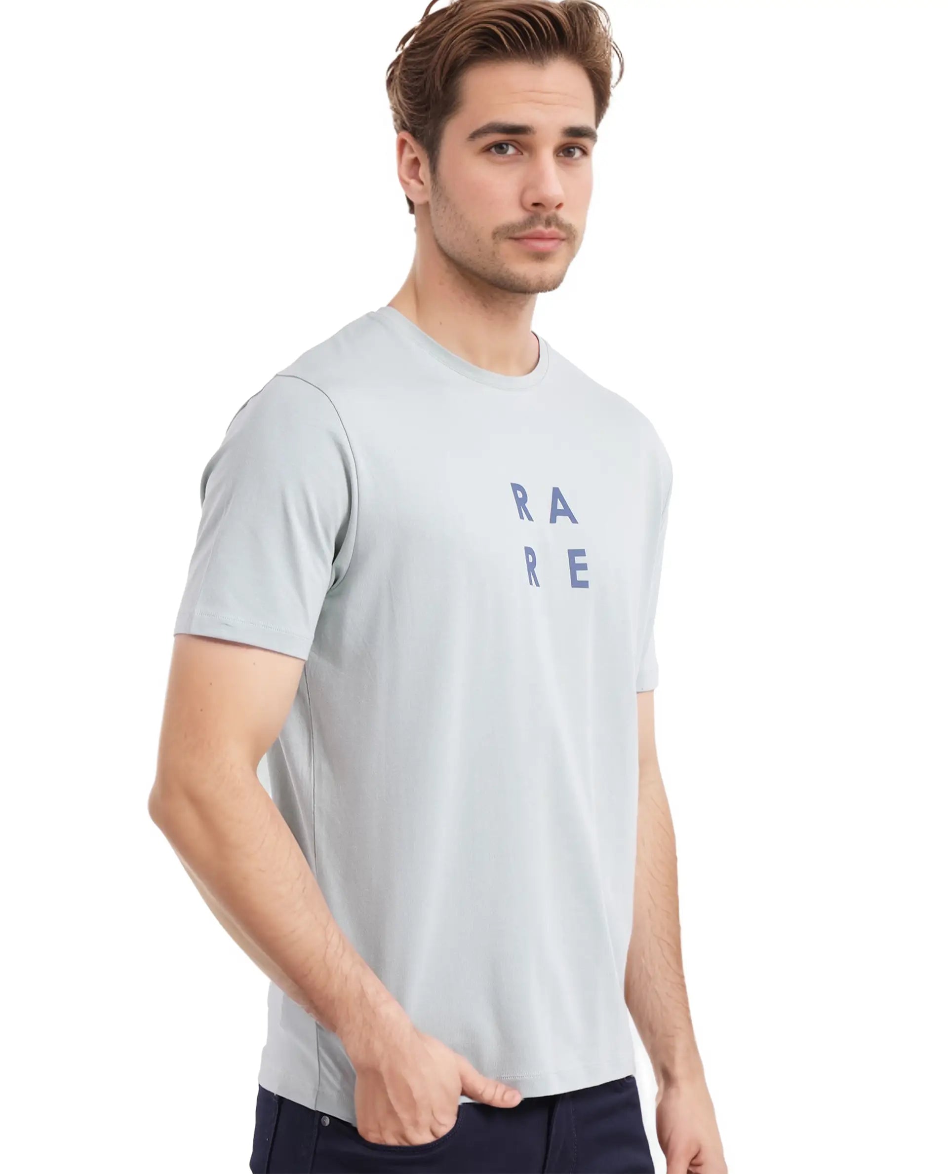 Rare Rabbit Men's Lalyy Pastel Green Cotton Blend Fabric Short Sleeve Crew Neck T-Shirt