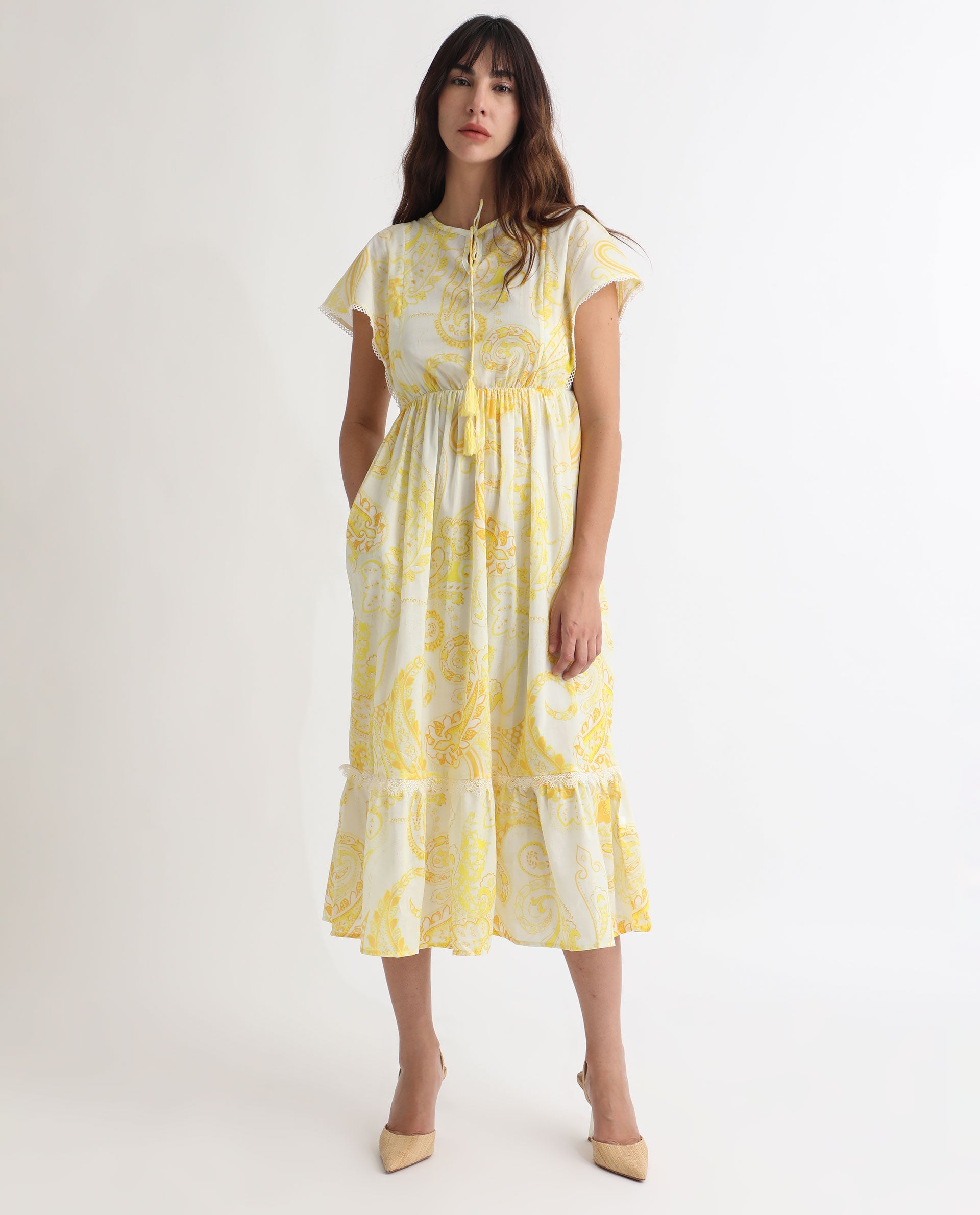 Rareism Women Lammer Light Yellow Cotton Fabric Short Sleeves Tie-Up Closure Tie-Up Neck Extended Sleeve Relaxed Fit Paisley Print Maxi Tiered Dress