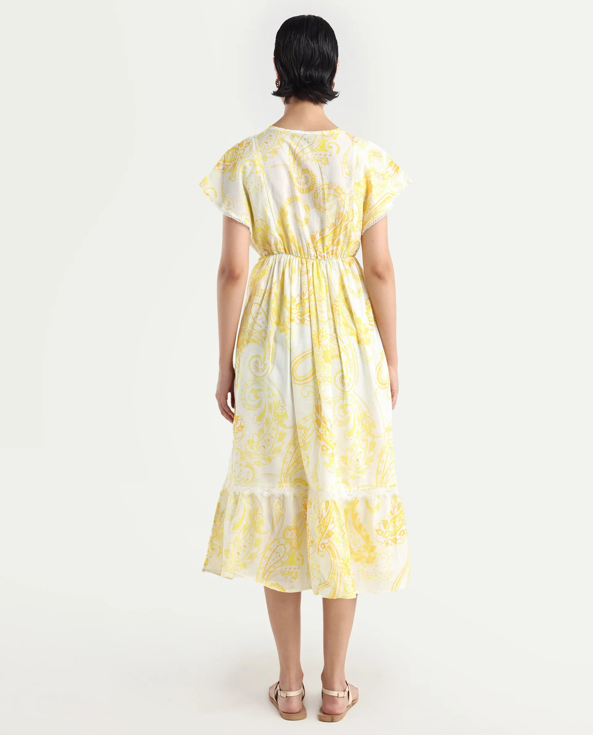 Rareism Women's Lammer Light Yellow Cotton Tie-Up Neck Paisley Print Extended Sleeves Maxi Relaxed Fit Dress