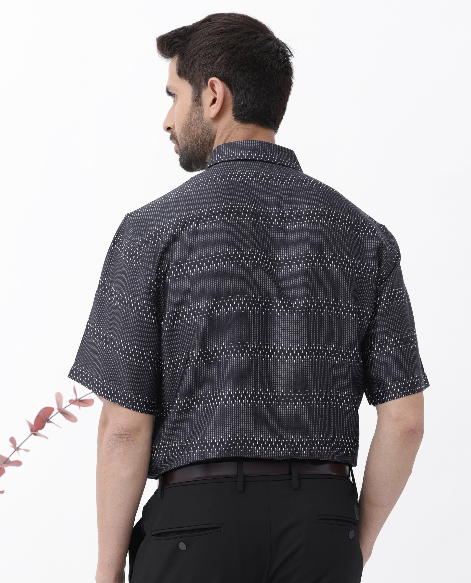 Rare Rabbit Men's Lamo Black Viscose Fabric Half Sleeves Boxy Fit Geometric Print Shirt