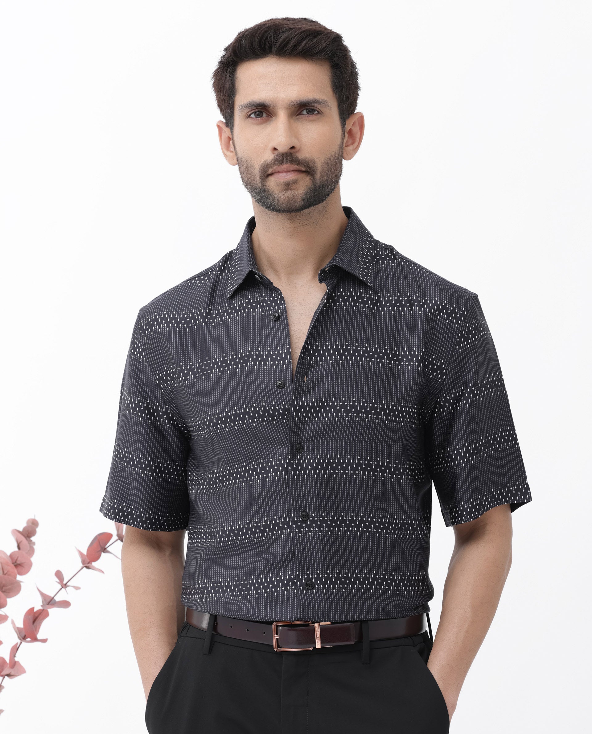Rare Rabbit Men's Lamo Black Viscose Fabric Half Sleeves Boxy Fit Geometric Print Shirt