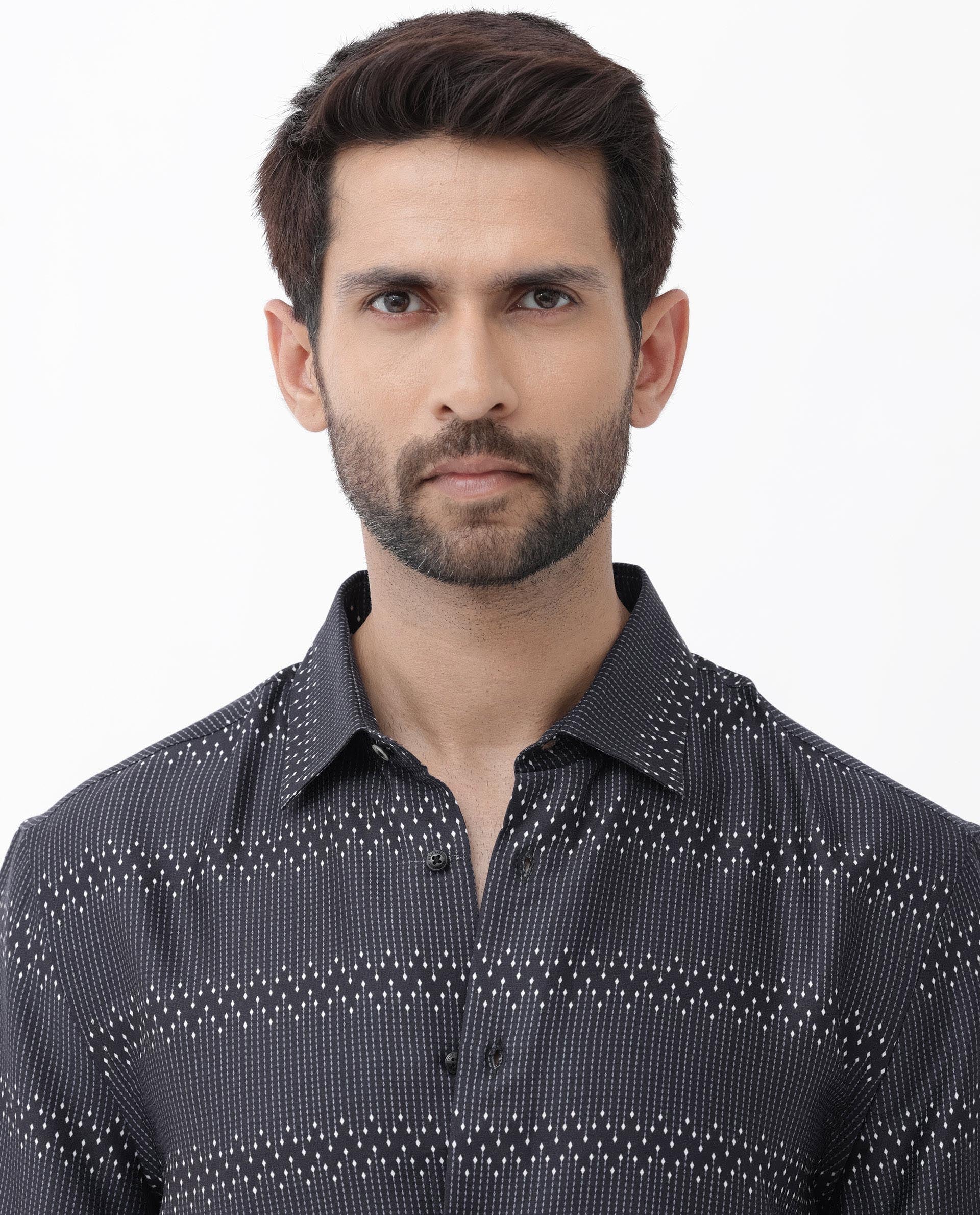 Rare Rabbit Men's Lamo Black Viscose Fabric Half Sleeves Boxy Fit Geometric Print Shirt