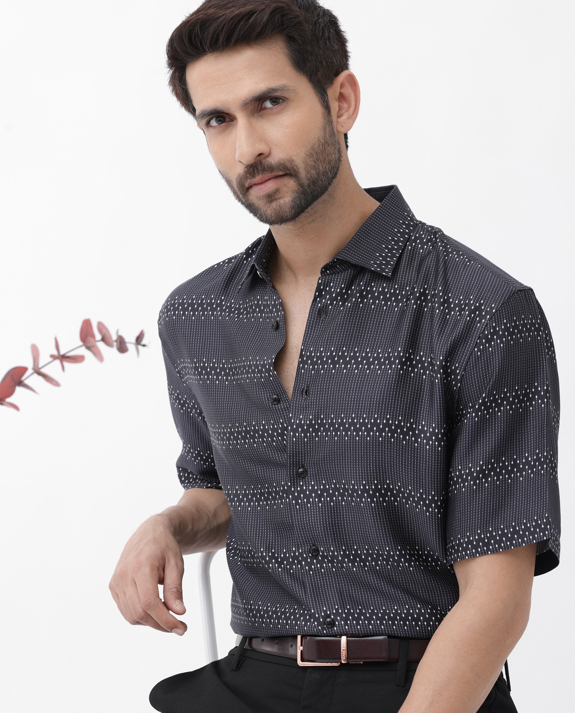 Rare Rabbit Men's Lamo Black Viscose Fabric Half Sleeves Boxy Fit Geometric Print Shirt