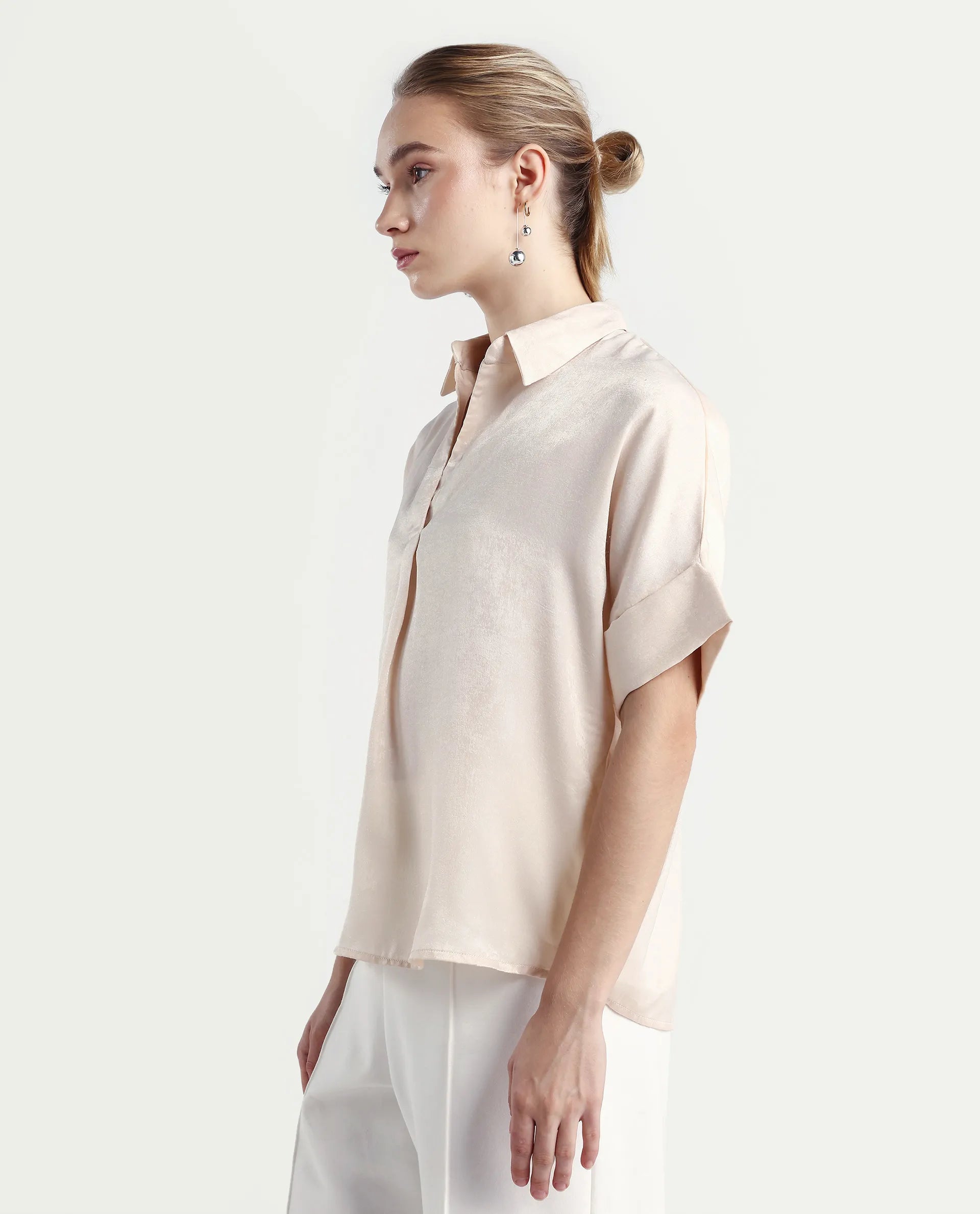 Rareism Women's Lamona T Beige Satin Drop Collar Plain Extended Sleeves Boxy Fit Top