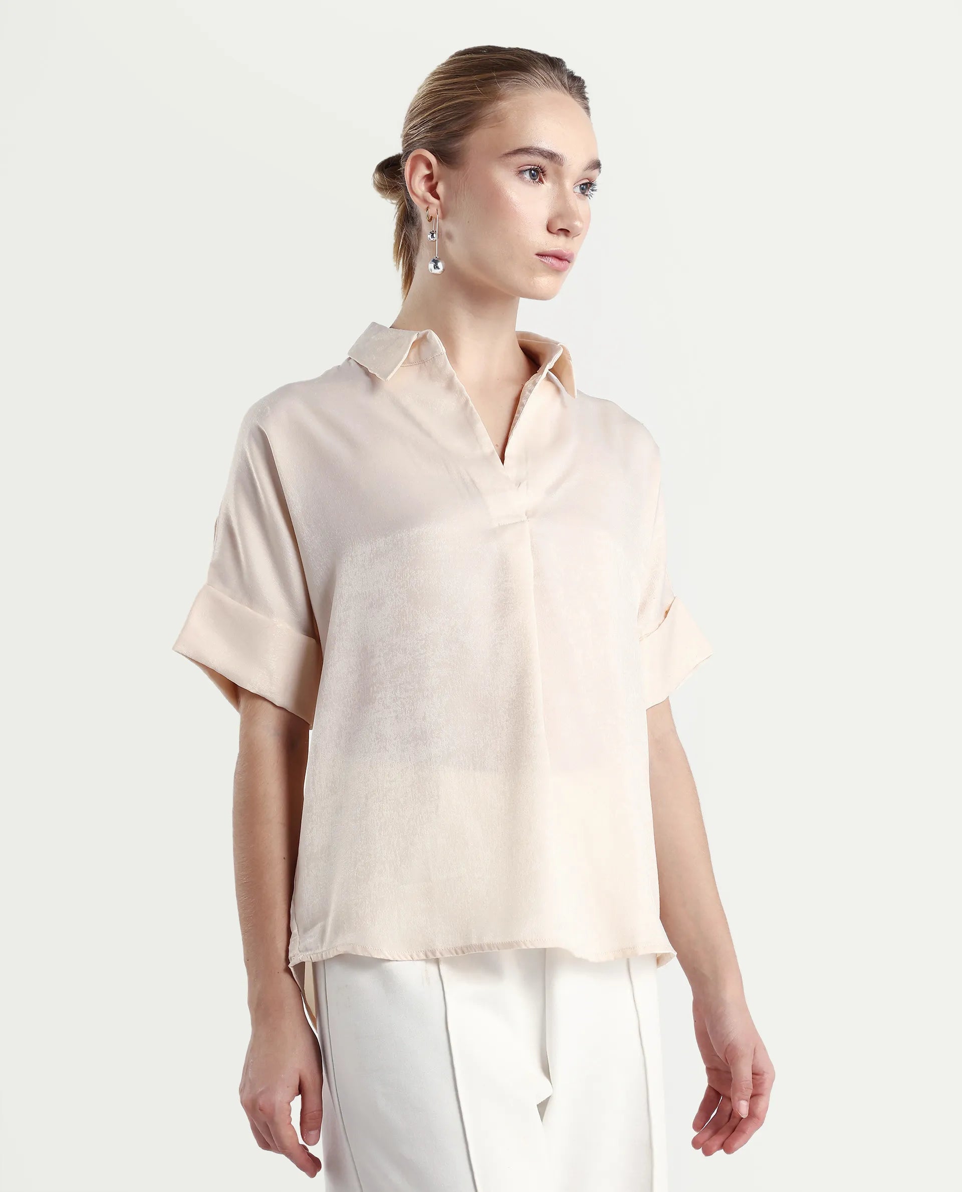 Rareism Women's Lamona T Beige Satin Drop Collar Plain Extended Sleeves Boxy Fit Top