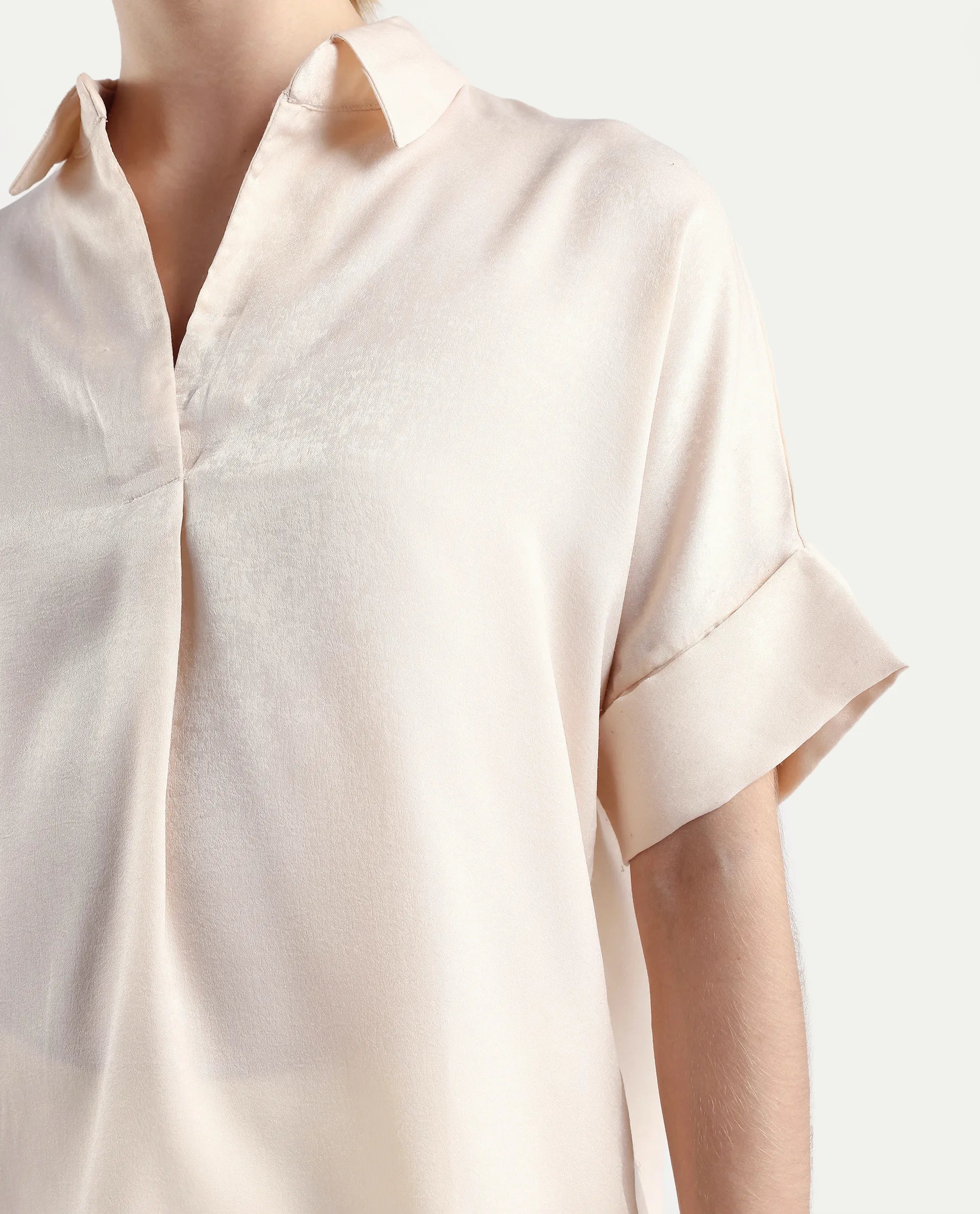 Rareism Women's Lamona T Beige Satin Drop Collar Plain Extended Sleeves Boxy Fit Top